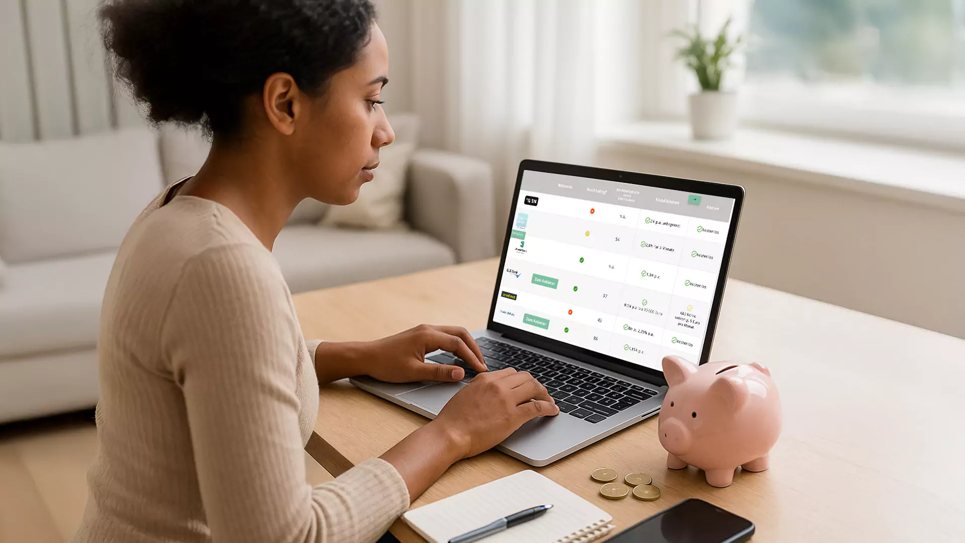 Eine Frau sitzt an einem Tisch mit ihrem Laptop, um eine Finanzübersicht und einen Tagesgeld-Vergleich zu überprüfen. Auf dem Tisch liegen ein rosa Sparschwein, ein Notizbuch, ein Stift und Münzen. Sie ist konzentriert, mit einem hellen Fenster und einem Sofa im Hintergrund.