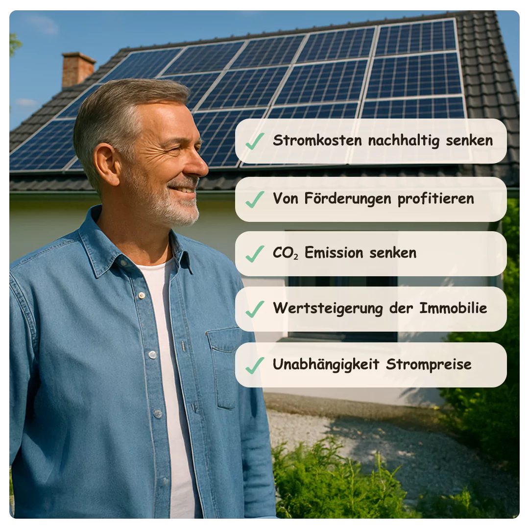 Ein lächelnder Mann steht vor einem Haus mit einer PV-Anlage auf dem Dach. Neben ihm hebt eine Checkliste die Vorteile hervor: Senkung der Stromkosten, Erhalt von Subventionen, Verringerung der CO₂-Emissionen, Steigerung des Immobilienwerts und Gewinn von Energieunabhängigkeit.