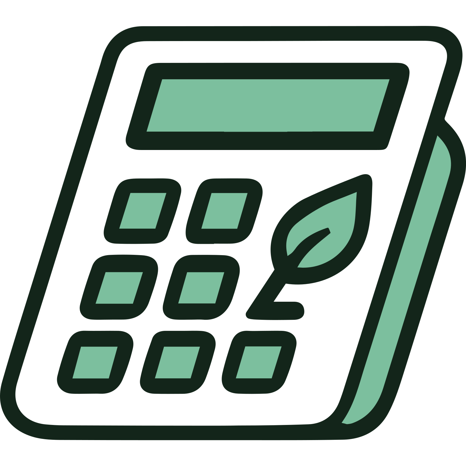 Illustration eines Taschenrechners mit einem grünen Blatt auf der Tastatur als Symbol für umweltfreundliche oder nachhaltige Berechnungen, Finanzen oder Umweltverträglichkeitsprüfungen.
