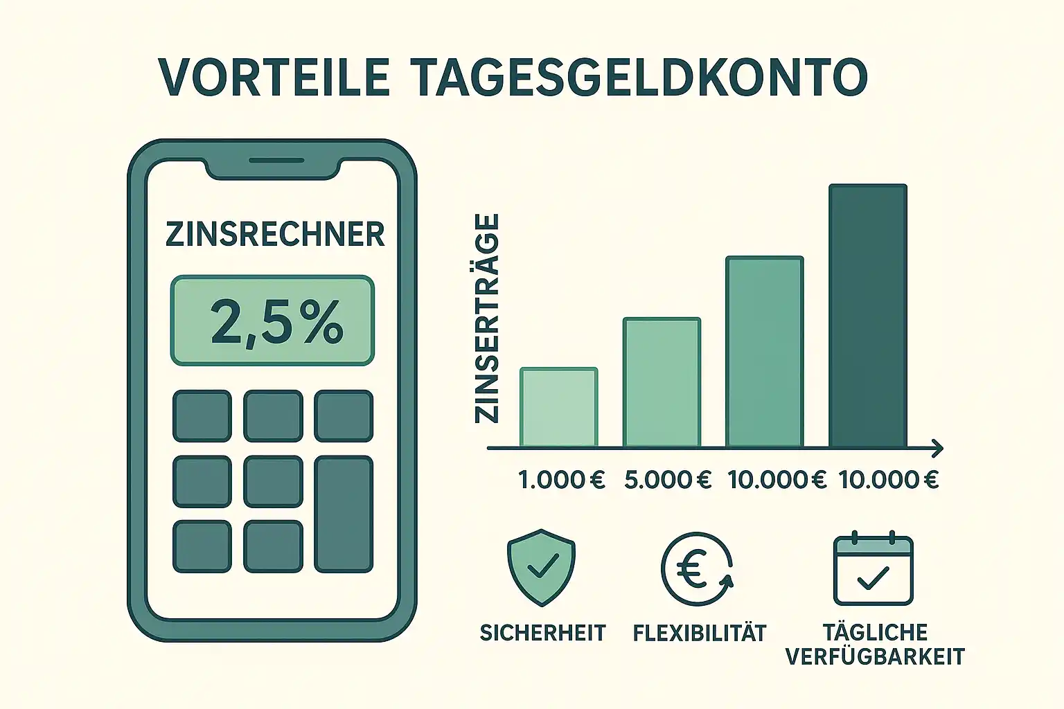Infografik zu Vorteilen eines Tagesgeldkontos: Zinsrechner Tagesgeld mit 2,5 %, Balkendiagramm zu Zinserträgen, Symbole für Sicherheit, Flexibilität und tägliche Verfügbarkeit.