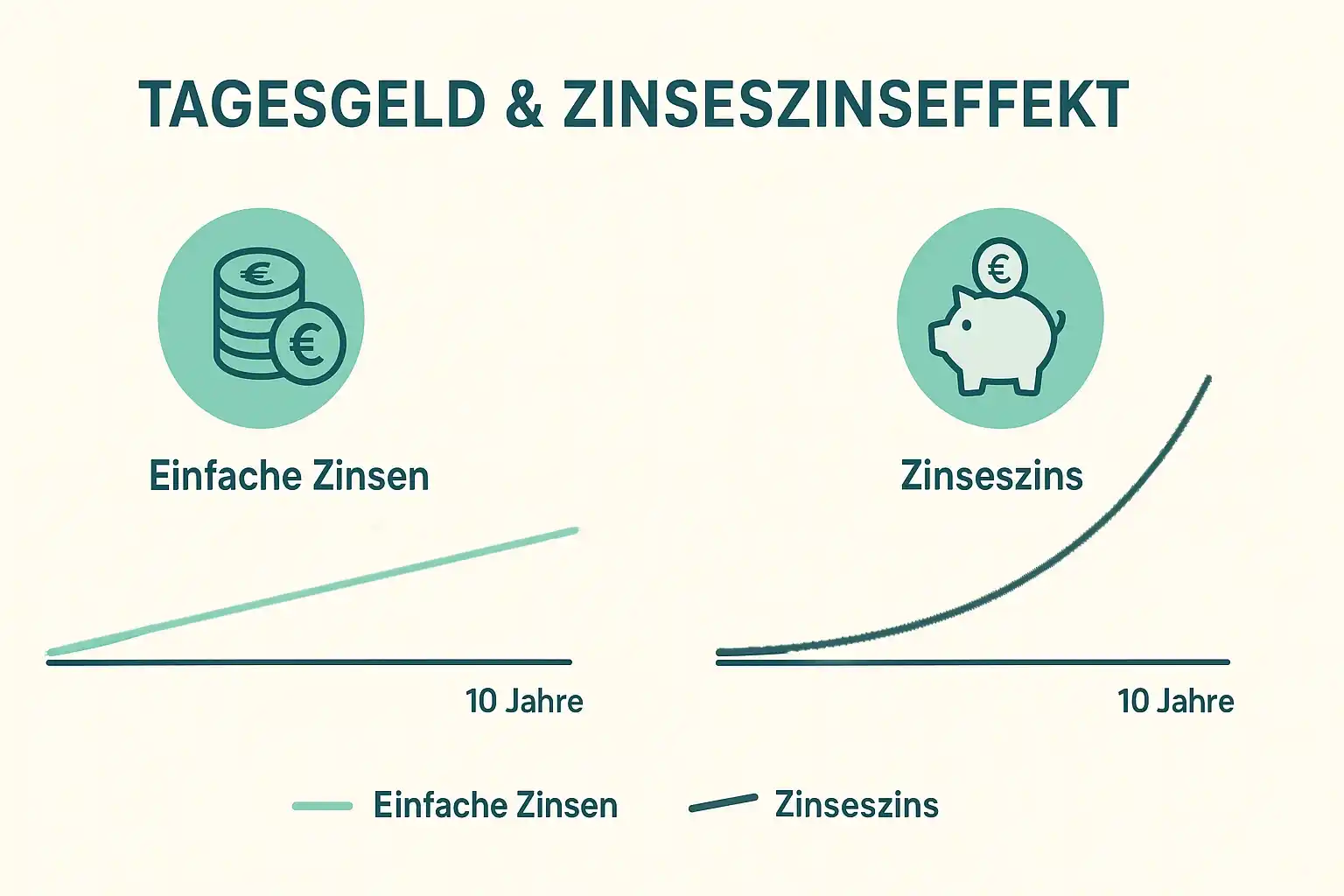 Vergleichsdiagramm: Auf der linken Seite wächst eine Linie für einfache Zinsen über 10 Jahre mit Münzsymbolen gleichmäßig an. Rechts eine gebogene Linie für den Zinseszins, die steil ansteigt, mit einem Sparschwein-Symbol - ideal zur Veranschaulichung mit einem Zinsrechner Tagesgeld.