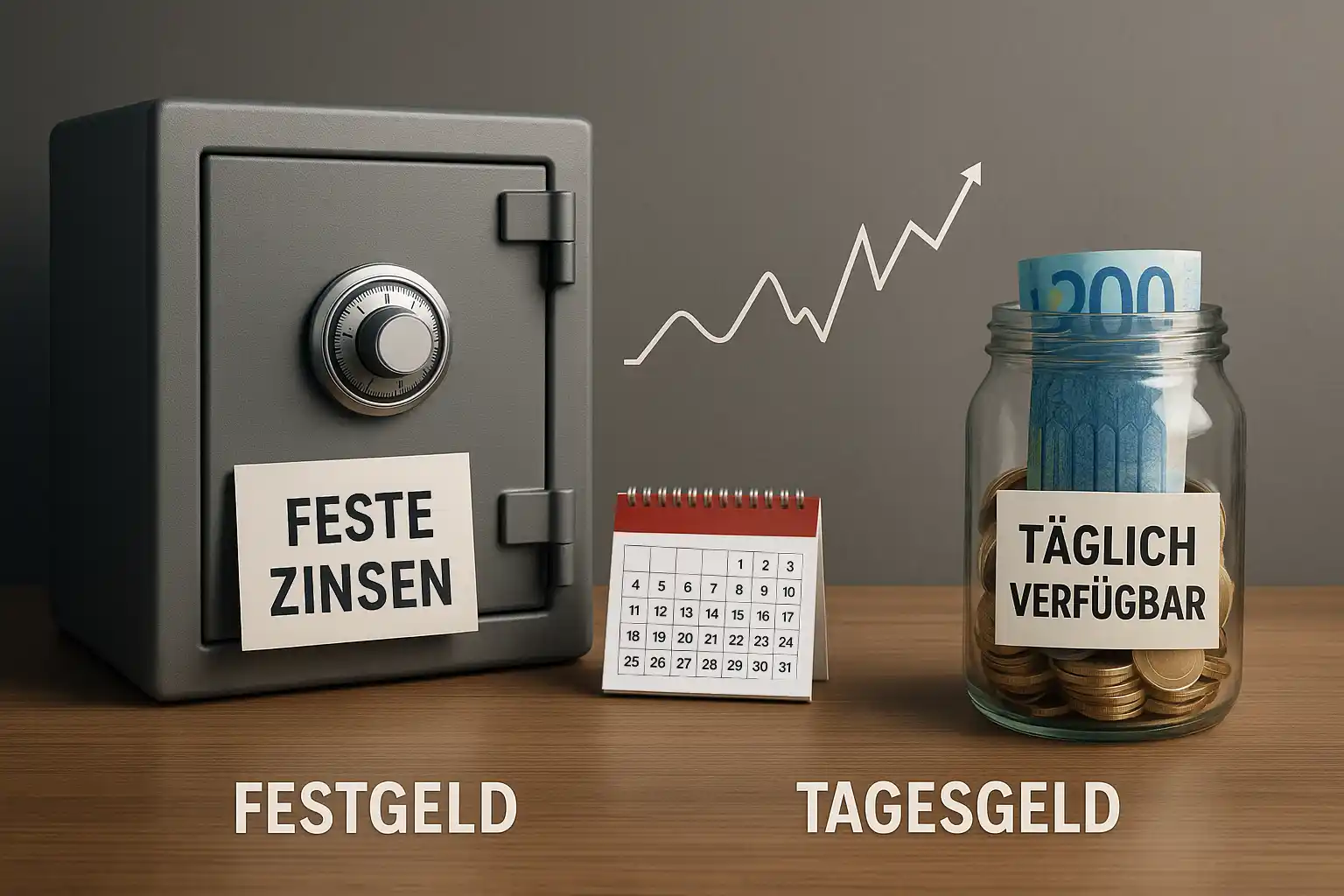 Ein Tresor mit der Aufschrift Feste Zinsen steht neben einem Kalender, während ein Glas mit Euroscheinen mit der Aufschrift Täglich verfügbar daneben steht. Darunter wird der Unterschied zwischen Tagesgeld und Festgeld deutlich gemacht.