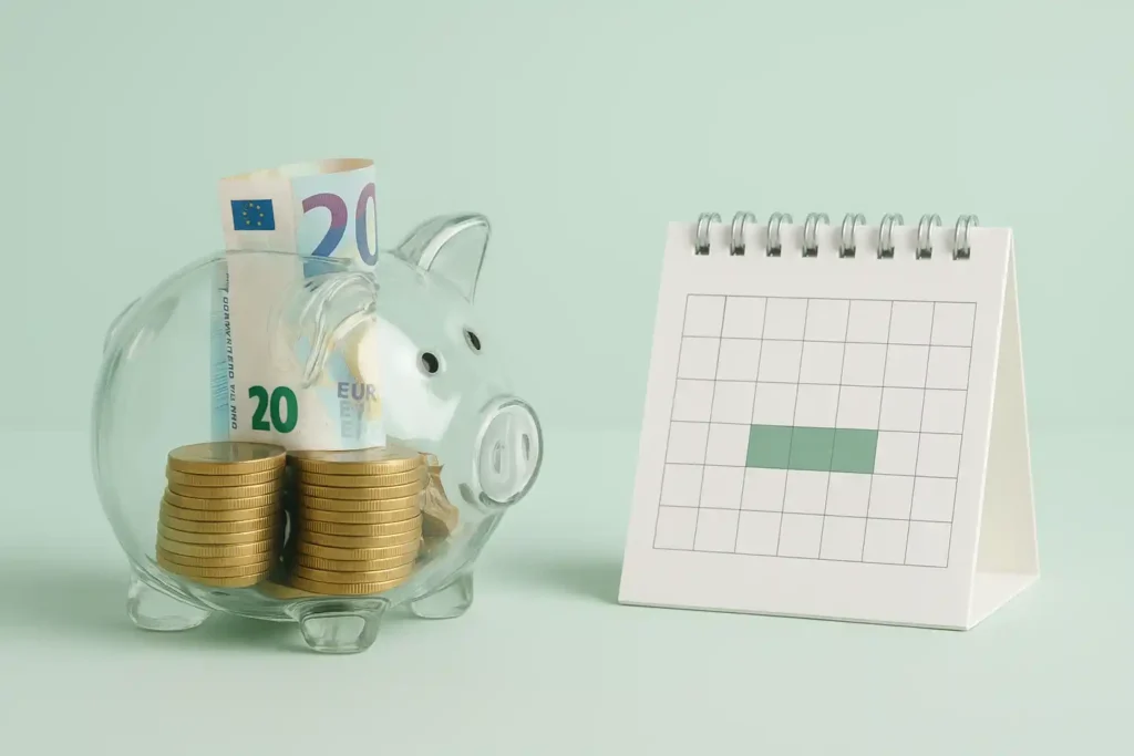 Ein transparentes Sparschwein, gefüllt mit Euro-Münzen und -Banknoten, steht neben einem kleinen Spiral-Kalender mit einer grün hervorgehobenen Woche, der die Sparplanung und den Vergleich zwischen Tagesgeld und Festgeld vor einem pastellgrünen Hintergrund symbolisiert.
