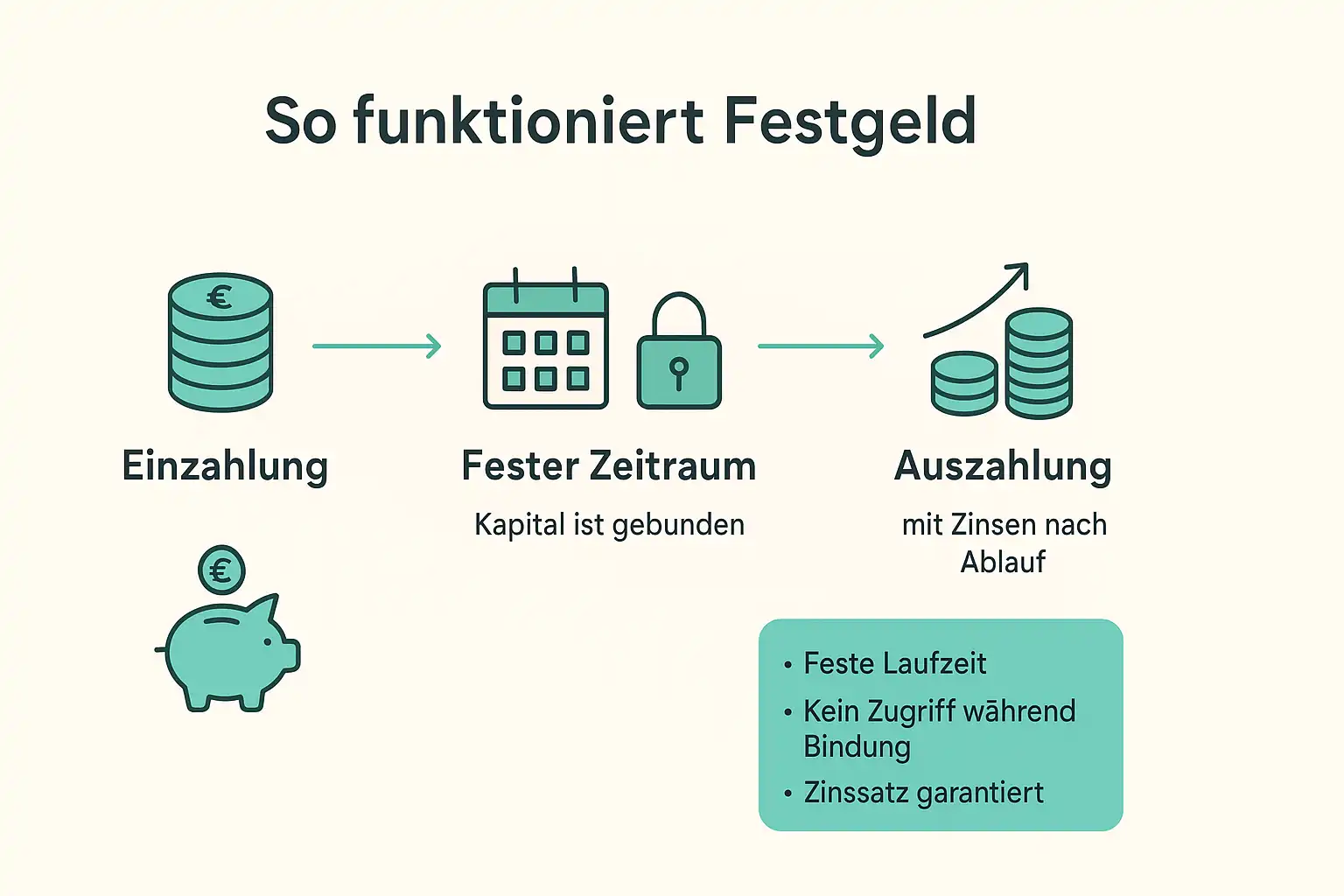 Infografik: Was ist Festgeld? Symbole zeigen Einzahlung, Kalender und Schloss für feste Laufzeit ohne Zugriff, am Ende Münzenstapel für garantierte Zinsen. Merkmale: feste Laufzeit, kein Zugriff, garantierter Zinssatz.