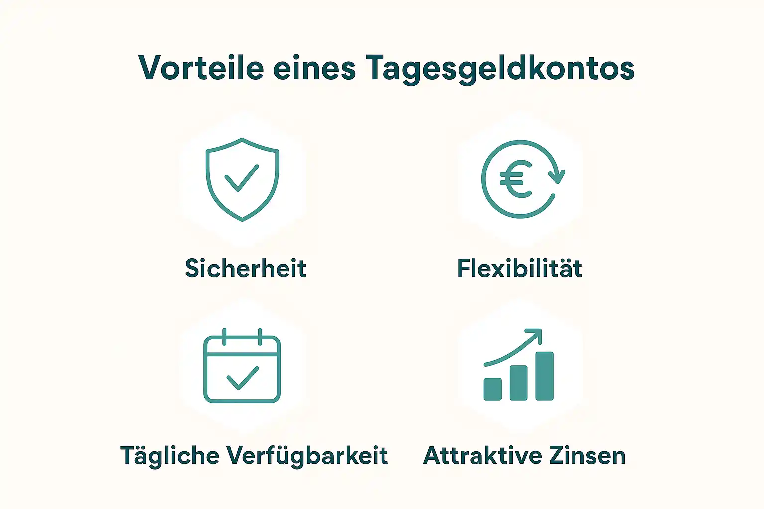 Grafik mit vier Symbolen und Text zeigt die Vorteile eines Tagesgeldkontos: Sicherheit, Flexibilität, tägliche Verfügbarkeit und attraktive Zinsen - jetzt einfach ein Tagesgeldkonto eröffnen!.