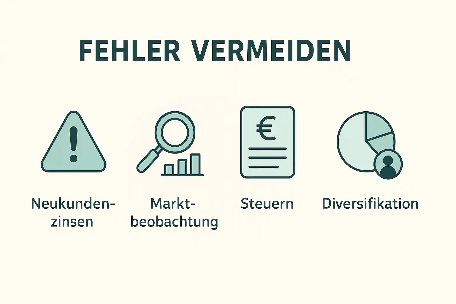 Infografik mit dem Titel "Fehler vermeiden" und vier Symbolen: ein Warnschild für Neukundenzinsen beim Tagesgeldkonto eröffnen, eine Lupe für Marktbeobachtung, ein Dokument für Steuern und ein Kreisdiagramm für Diversifikation.