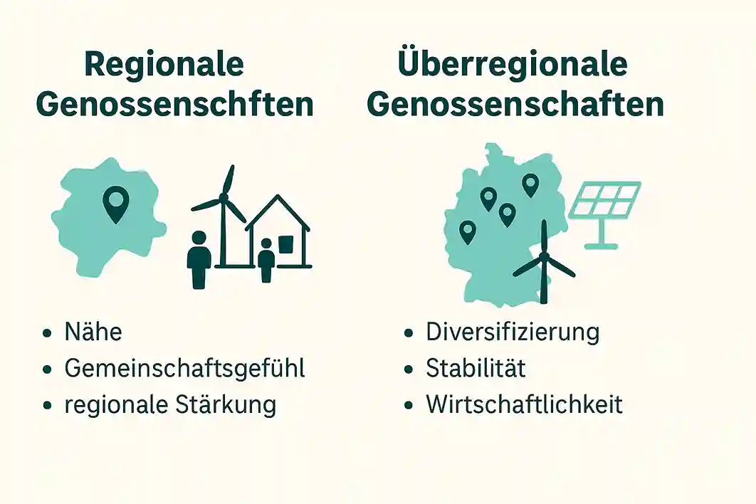 Infografik zeigt regionale und überregionale Genossenschaften mit Icons. Regional: Karte, Häuser, Gruppe, Windrad - hebt Nähe, Gemeinschaft, regionale Stärke hervor. Überregional: Karte, Solaranlage - betont Diversifikation, Stabilität für Energiegenossenschaft investieren.