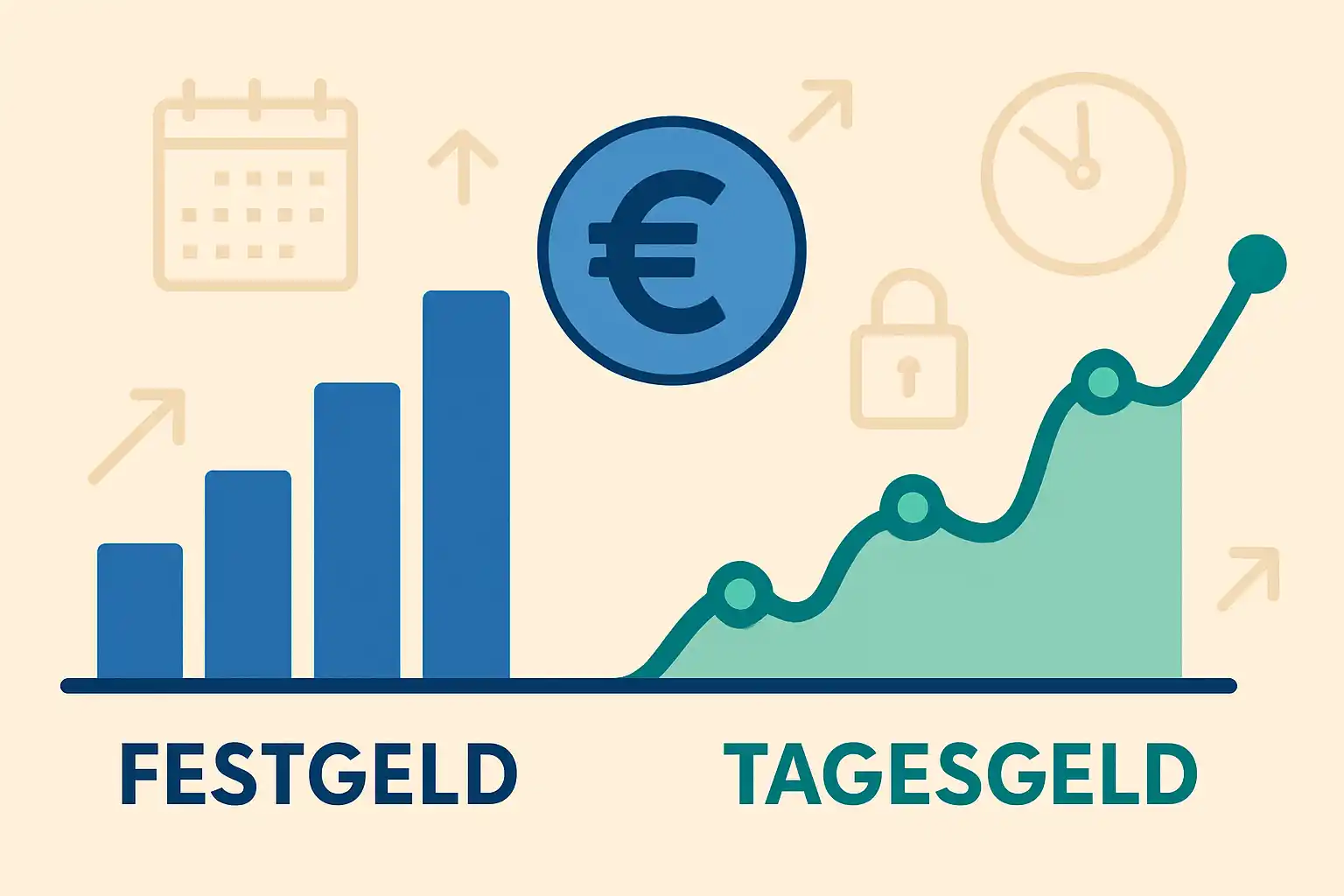 Balkendiagramm mit der Bezeichnung Festgeld und Liniendiagramm mit der Bezeichnung Tagesgeld mit dem Euro-Symbol in der Mitte und den Symbolen eines Kalenders, einer Uhr, eines Pfeils und eines Schlosses im Hintergrund, die einen finanziellen Vergleich zwischen Tagesgeld und Festgeld veranschaulichen.