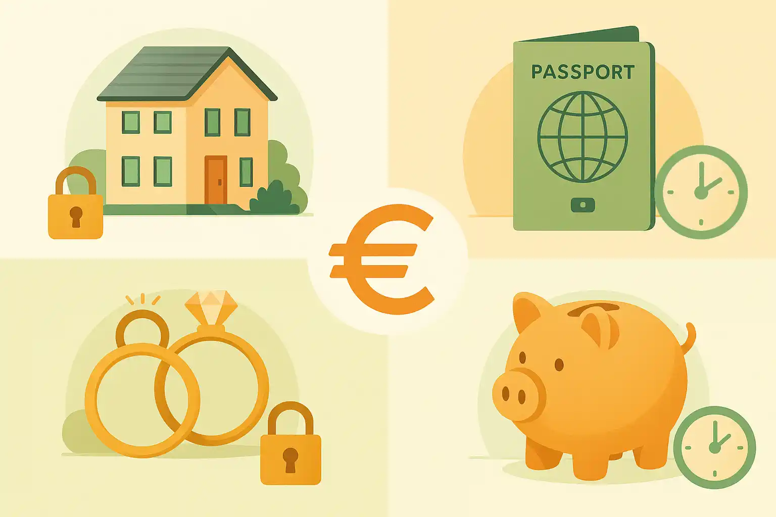 Die Illustration zeigt ein Haus, Eheringe, einen Reisepass mit Uhr und ein Sparschwein - jeweils mit einem Schlosssymbol -, die ein großes Euro-Zeichen in der Mitte umgeben und die finanzielle Sicherheit und die Wahl zwischen Tagesgeld und Festgeld zum Schutz hervorheben.