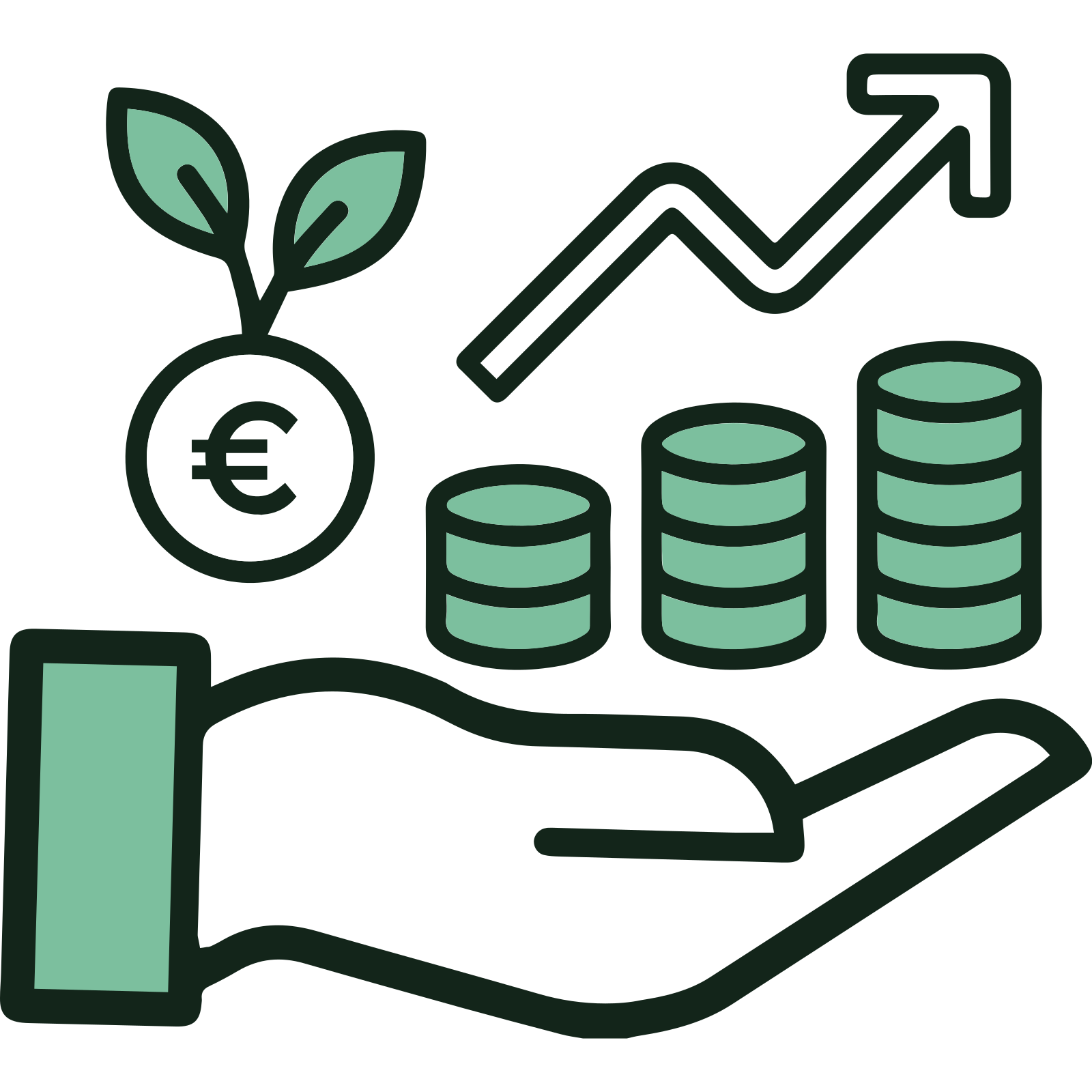 Eine Grafik mit einer offenen Hand, die einen Stapel Münzen hält, einer Pflanze mit einem Euro-Symbol und einem nach oben zeigenden Pfeil, der finanzielles Wachstum, Investitionen und wirtschaftlichen Aufschwung symbolisiert.
