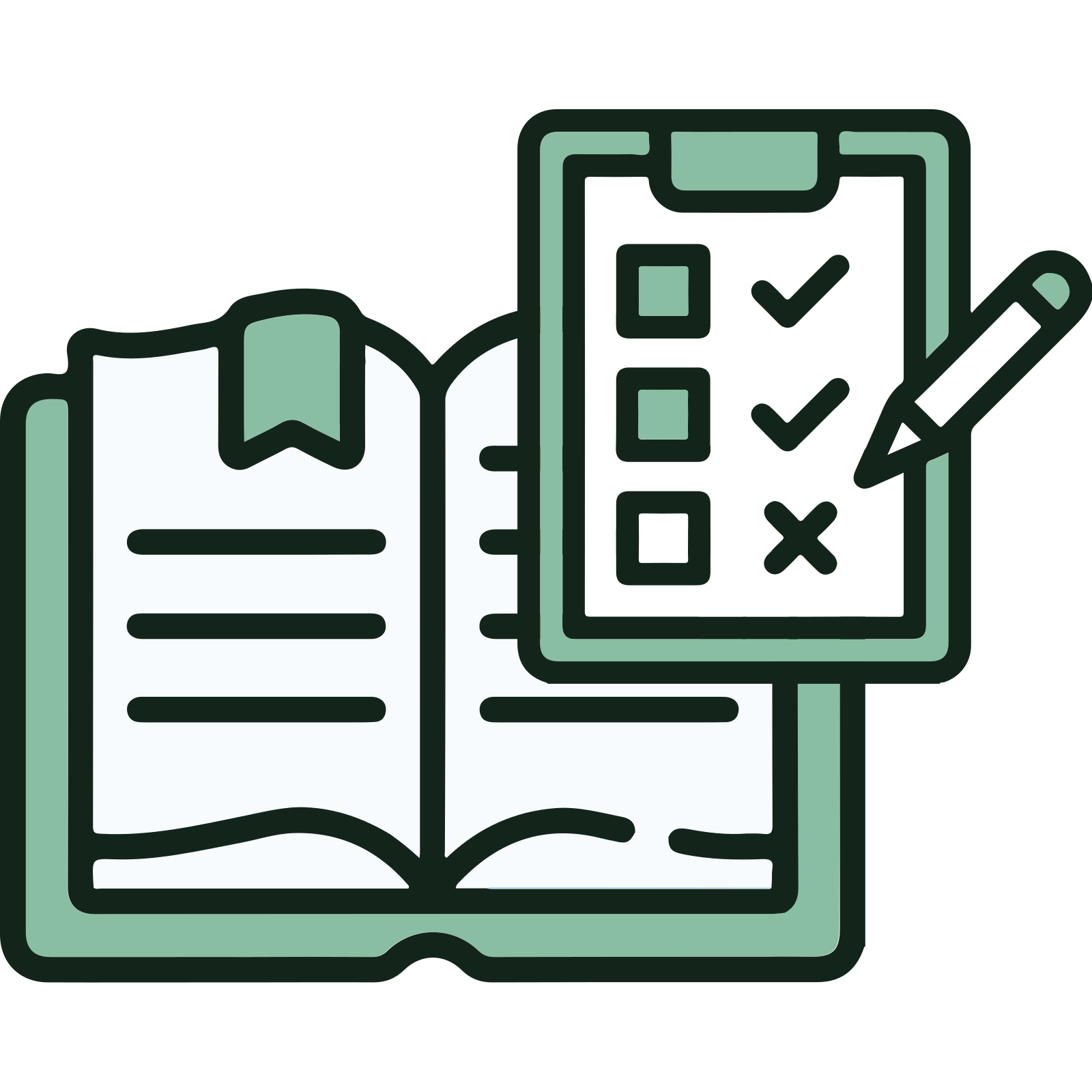 Eine Illustration eines aufgeschlagenen Buches mit einem Lesezeichen neben einer Checkliste für die Zwischenablage, die angekreuzte und nicht angekreuzte Kästchen enthält, wobei ein Bleistift auf die Liste zeigt.