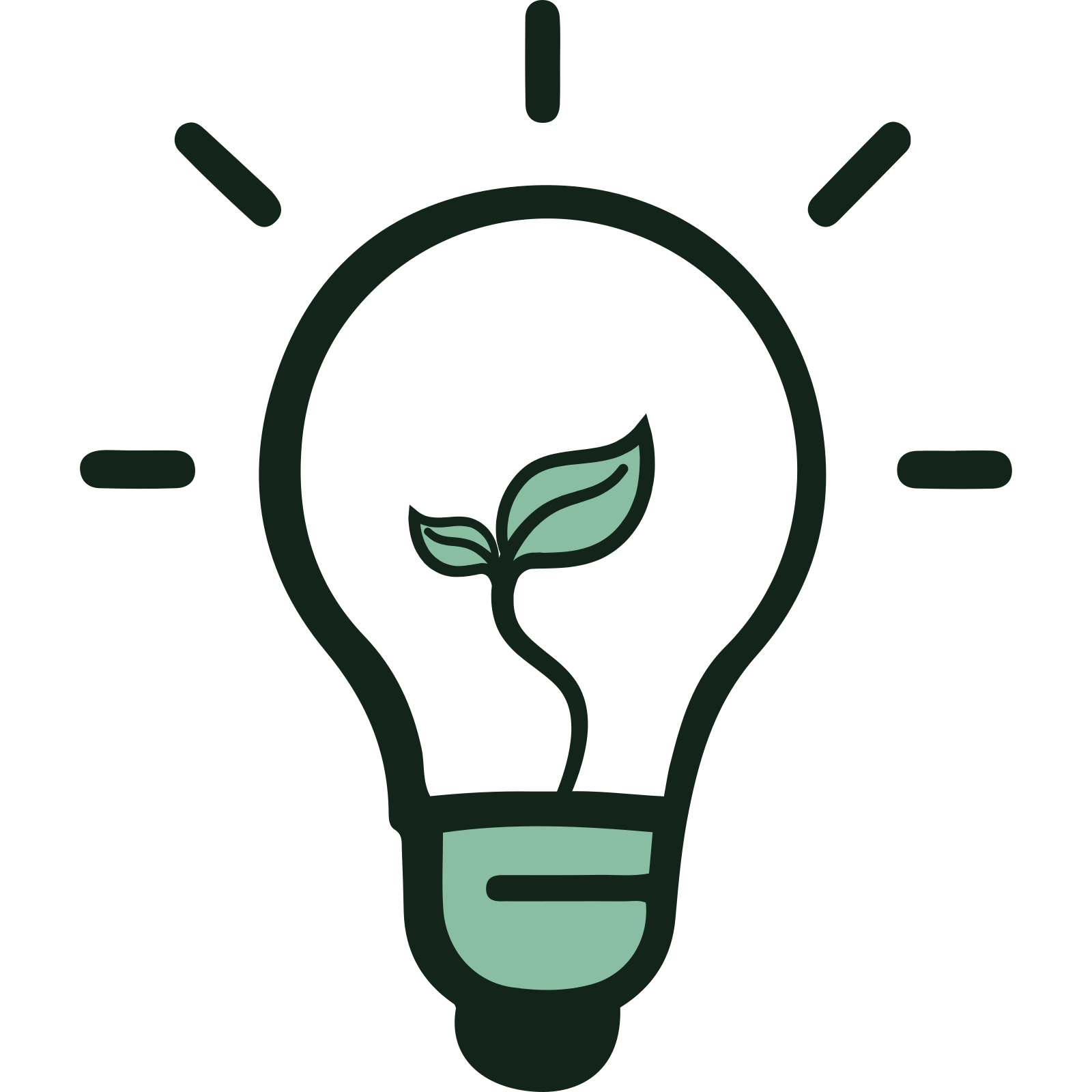 Eine Glühbirne mit einer kleinen Pflanze, die in ihrem Innern sprießt, symbolisiert umweltfreundliche Ideen oder nachhaltige Innovationen. Linien um die Glühbirne suggerieren, dass sie leuchtet.