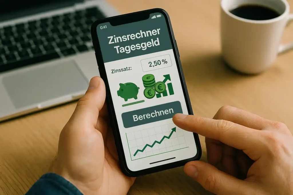 Eine Person hält ein Smartphone in der Hand, auf dem eine deutsche Zinsrechner-App mit der Überschrift Zinsrechner Tagesgeld, einem Zinssatz von 2,5 % und einem grünen Berechnen-Button angezeigt wird - perfekt für den nächsten Tagesgeld-Vergleich. Eine Tasse Kaffee steht auf dem Holztisch.