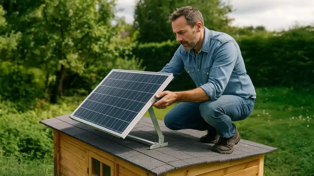 Ein Mann in einem Jeanshemd hockt auf dem Dach eines kleinen Holzschuppens und justiert ein auf dem Dach montiertes Solarpanel. Im Hintergrund sind üppige Grünflächen und Bäume zu sehen.
