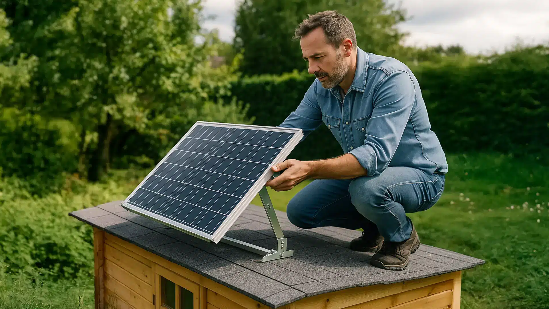 Ein Mann in einem Jeanshemd hockt auf dem Dach eines kleinen Holzschuppens und justiert ein auf dem Dach montiertes Solarpanel. Im Hintergrund sind üppige Grünflächen und Bäume zu sehen.