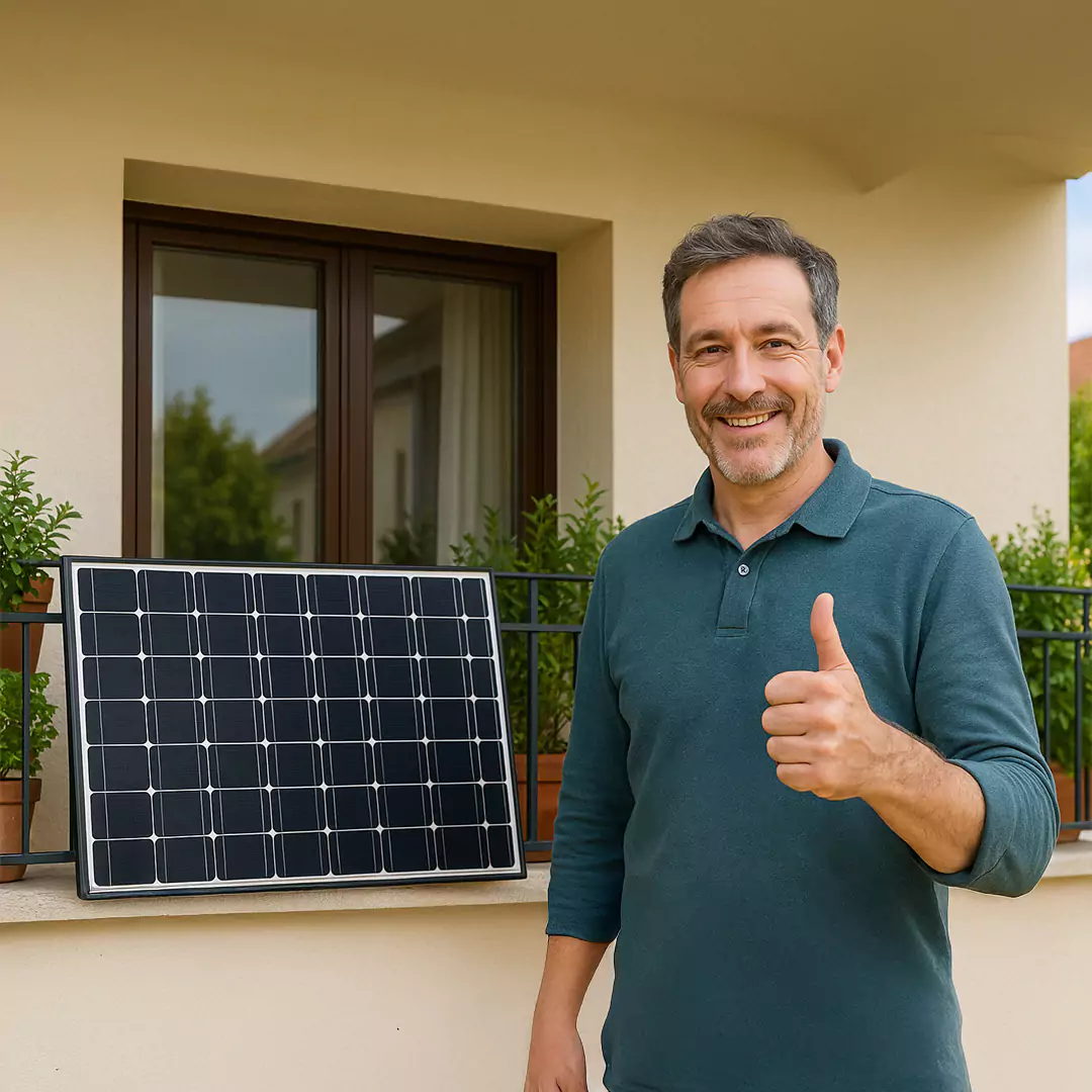 Ein Mann steht neben einem Solarpanel vor seinem Haus, lächelt und zeigt den Daumen nach oben. Auf dem Sims neben ihm stehen Grünpflanzen, und im Hintergrund ist ein Fenster zu sehen - perfekt für alle, die einen Balkonkraftwerk-Rechner in Betracht ziehen.