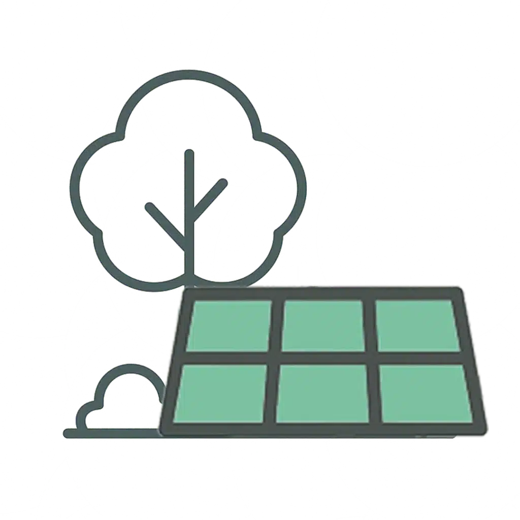Einfache Illustration eines grünen Solarpanels vor einem Baum und einem Busch, die erneuerbare Energien, ökologische Nachhaltigkeit und die Vorteile eines Balkonkraftwerk-Rechners darstellen. Der Hintergrund ist hell und hat eine subtile Textur.