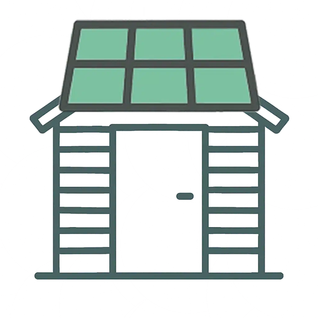 Eine einfache Zeichnung eines Hauses mit grünem Dach, verkleideten Wänden und einem Balkonkraftwerk-Rechner am Fenster, vor einem hellen, gesprenkelten Hintergrund mit schwachen kreisförmigen Mustern.
