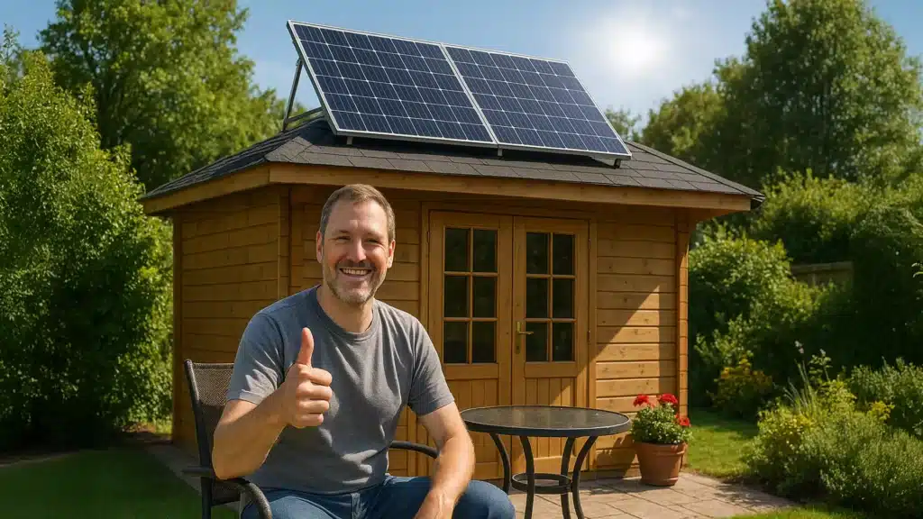 Ein lächelnder Mann sitzt auf einem Terrassenstuhl und zeigt den Daumen nach oben vor einem hölzernen Gartenhaus mit Sonnenkollektoren - einem cleveren Balkonkraftwerk - auf dem Dach, umgeben von Grün und Sonnenlicht.