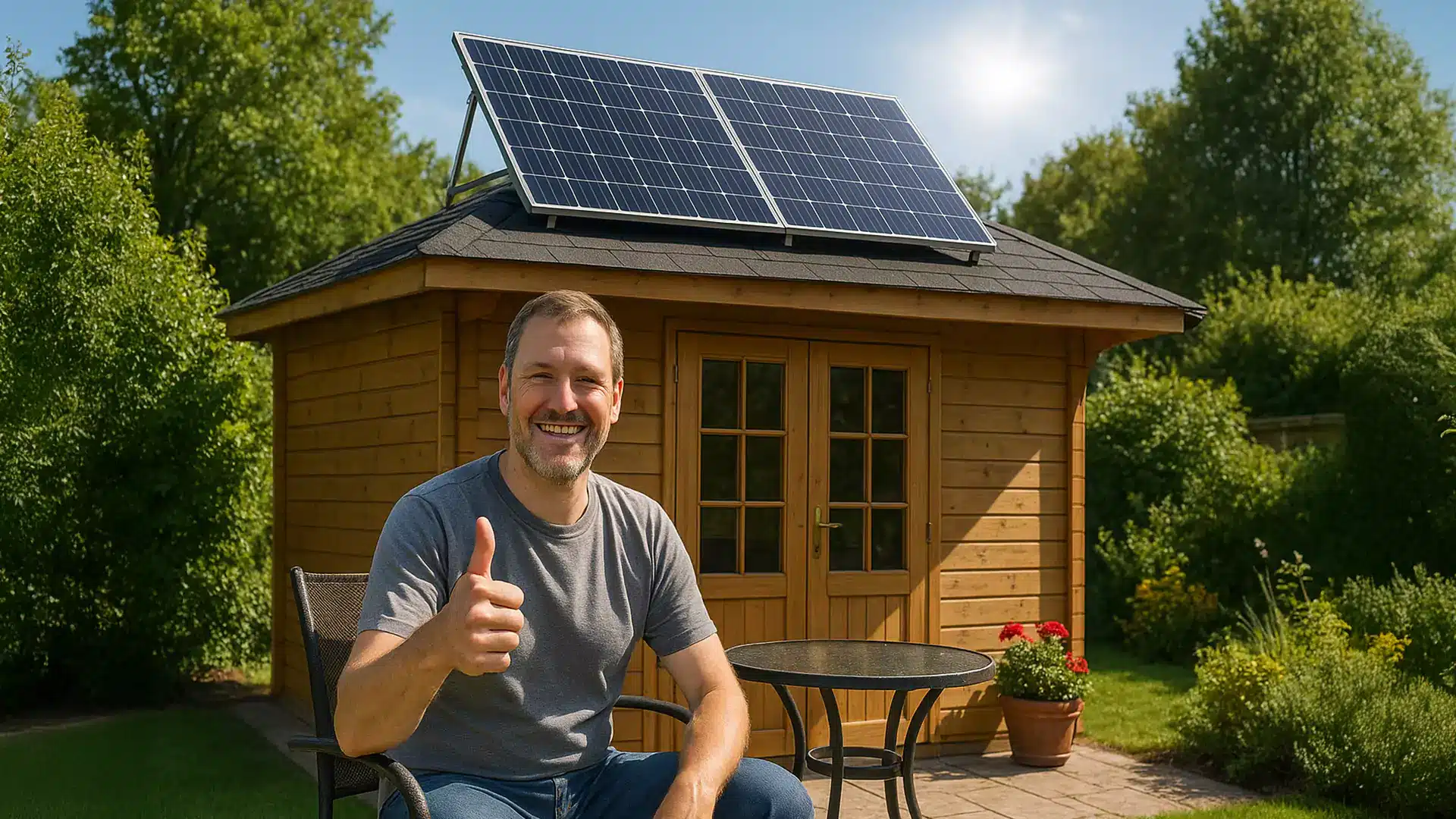 Ein lächelnder Mann sitzt auf einem Terrassenstuhl und zeigt den Daumen nach oben vor einem hölzernen Gartenhaus mit Sonnenkollektoren - einem cleveren Balkonkraftwerk - auf dem Dach, umgeben von Grün und Sonnenlicht.