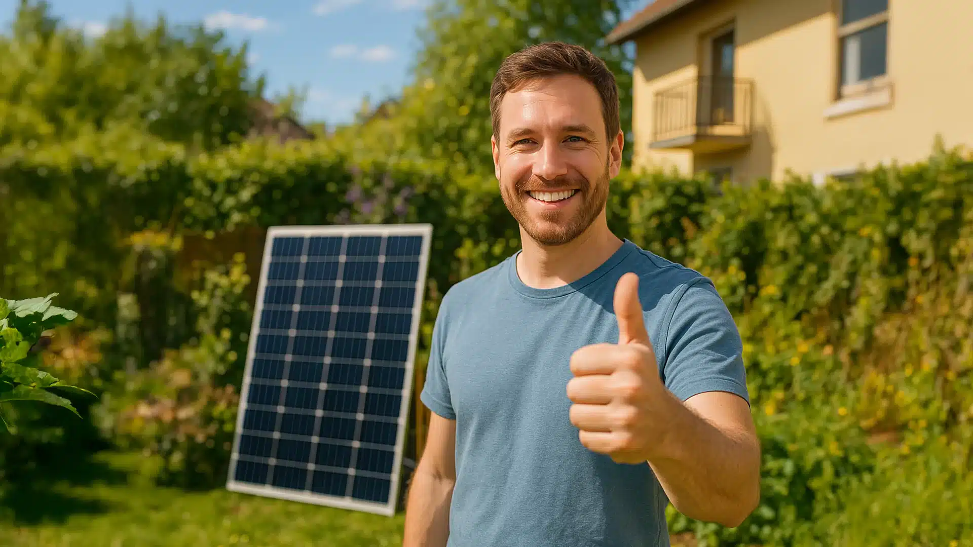Ein lächelnder Mann in einem blauen T-Shirt steht im Freien und zeigt den Daumen nach oben, während im Hintergrund ein Solarpanel und ein Haus im Grünen zu sehen sind.