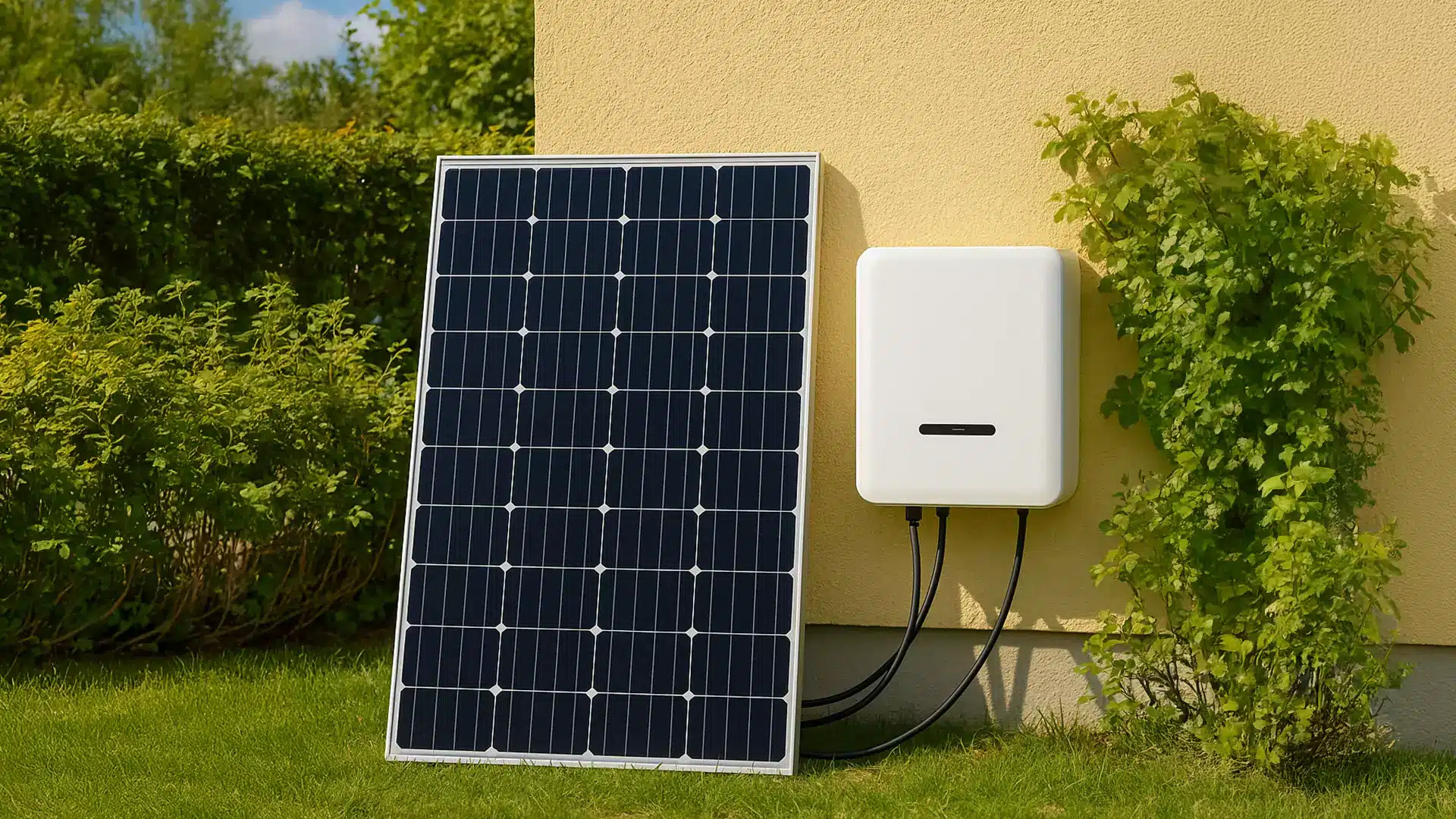 Ein Solarmodul steht auf einer Wiese neben einem Gebäude und ist über Kabel mit einem weißen Schaltkasten verbunden, der an der Wand montiert ist.