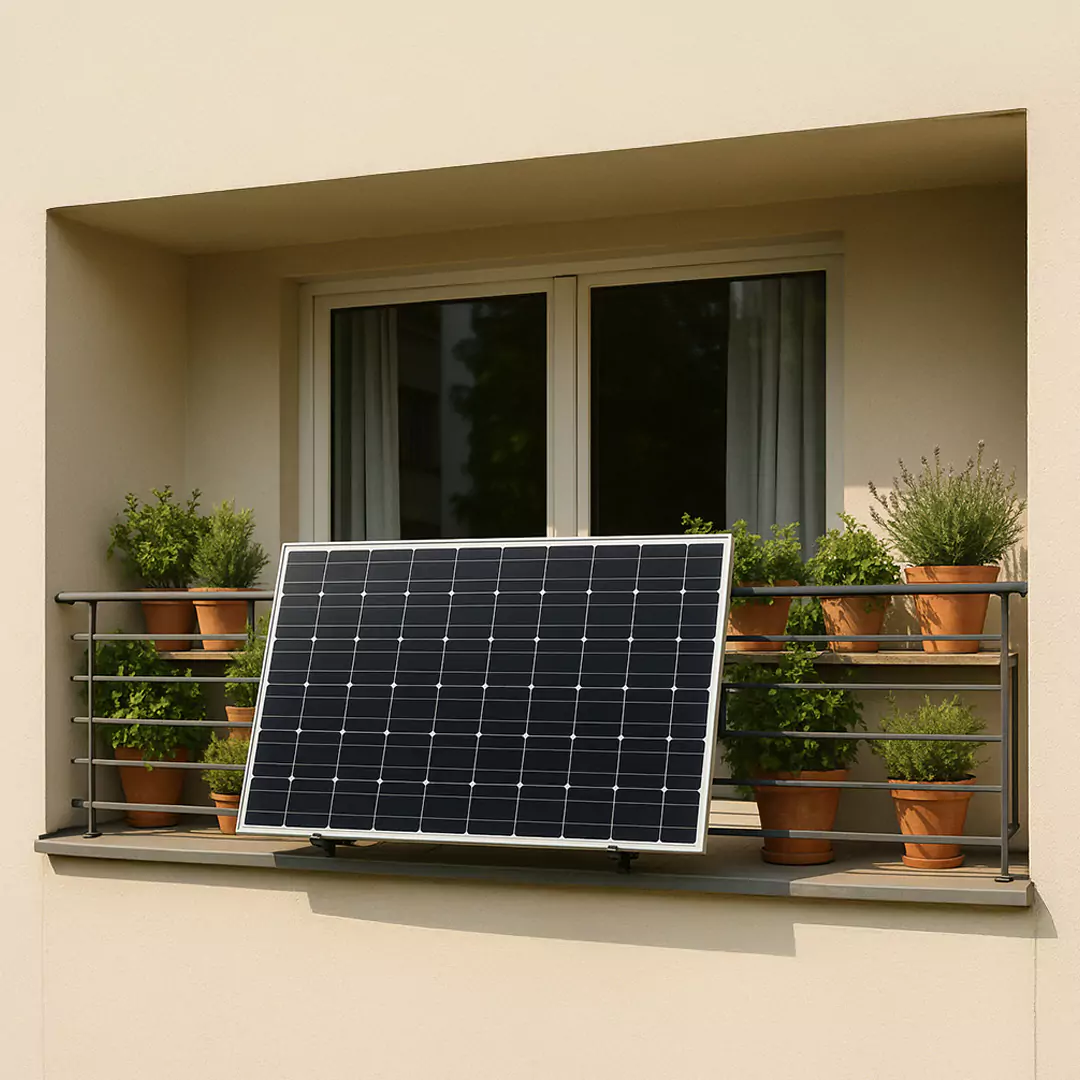 Ein Solarmodul, das sich perfekt für die Verwendung mit einem Balkonkraftwerk-Rechner eignet, ist am Balkongeländer neben mehreren Topfpflanzen angebracht, die alle vor einem geschlossenen Fenster an einem beigen Gebäude stehen.