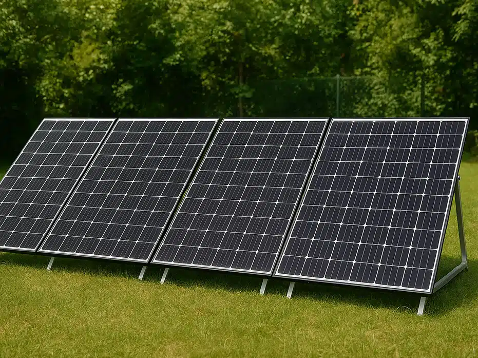 Vier Solarmodule sind in einer Reihe auf einem Ständer aufgestellt, der auf grünem Gras mit einem Hintergrund aus Bäumen steht - perfekt als Balkonkraftwerk für den Garten.