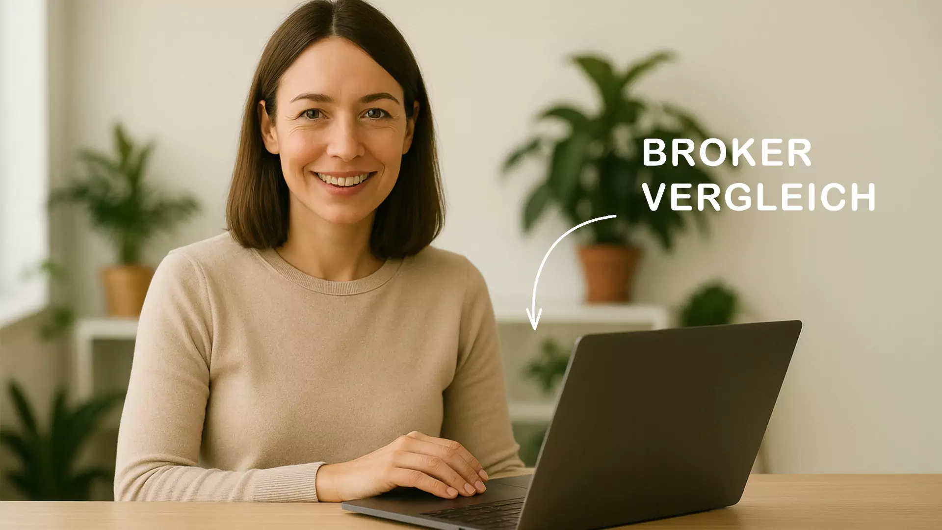 Eine Frau mit schulterlangem braunem Haar sitzt an einem Schreibtisch mit einem Laptop und lächelt in die Kamera. Ein Pfeil zeigt auf den Laptop mit der Aufschrift BROKER VERGLEICH neben ihr. Pflanzen stehen im Hintergrund - perfekt für den Vergleich nachhaltiger ETFs.