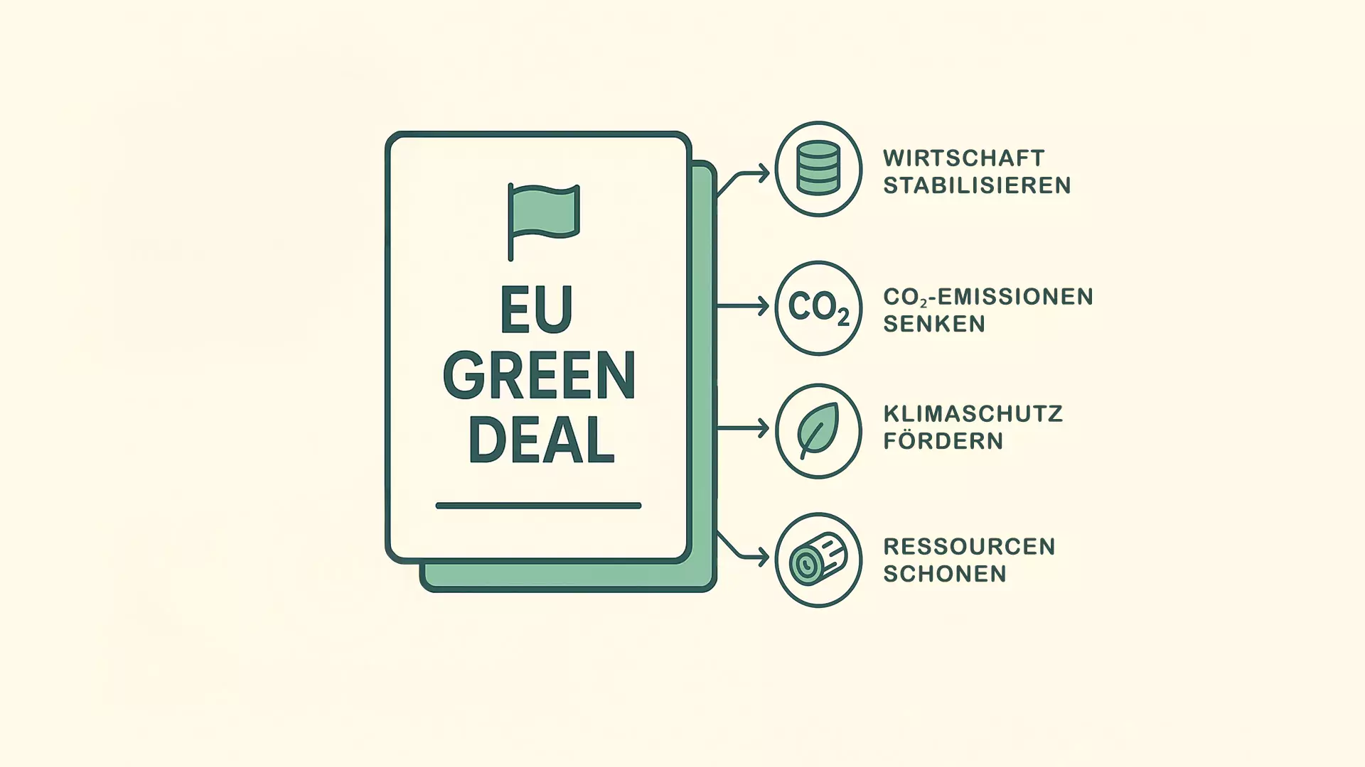Infografik zum EU Green Deal mit den Zielen: Wirtschaft stabilisieren (Münzsymbol), CO₂-Emissionen reduzieren (CO₂-Symbol), Klimaschutz fördern (Blattsymbol) und Ressourcen schonen (Recyclingsymbol). Enthält ISSB-Standards. Der Text ist auf Deutsch.