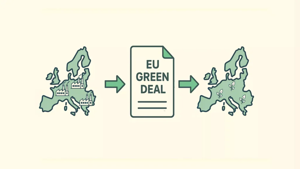 Eine Grafik zeigt eine mit Fabriken gefüllte Europakarte, einen Pfeil, der zu einem Dokument mit der Aufschrift EU Green Deal führt, und einen weiteren Pfeil, der zu einer grüneren Europakarte mit Bäumen und Windrädern führt.