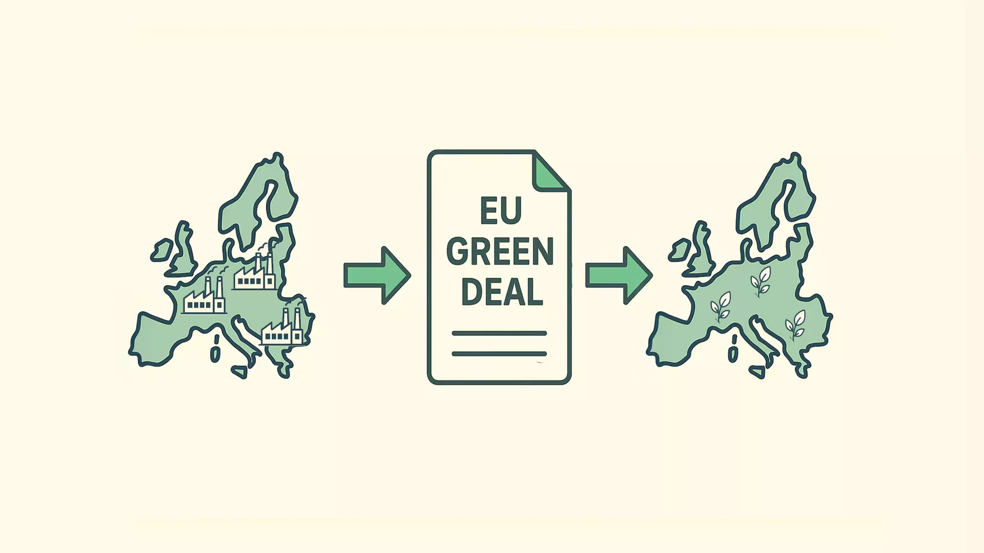 Eine Grafik zeigt eine mit Fabriken gefüllte Europakarte, einen Pfeil, der zu einem Dokument mit der Aufschrift EU Green Deal führt, und einen weiteren Pfeil, der zu einer grüneren Europakarte mit Bäumen und Windrädern führt.