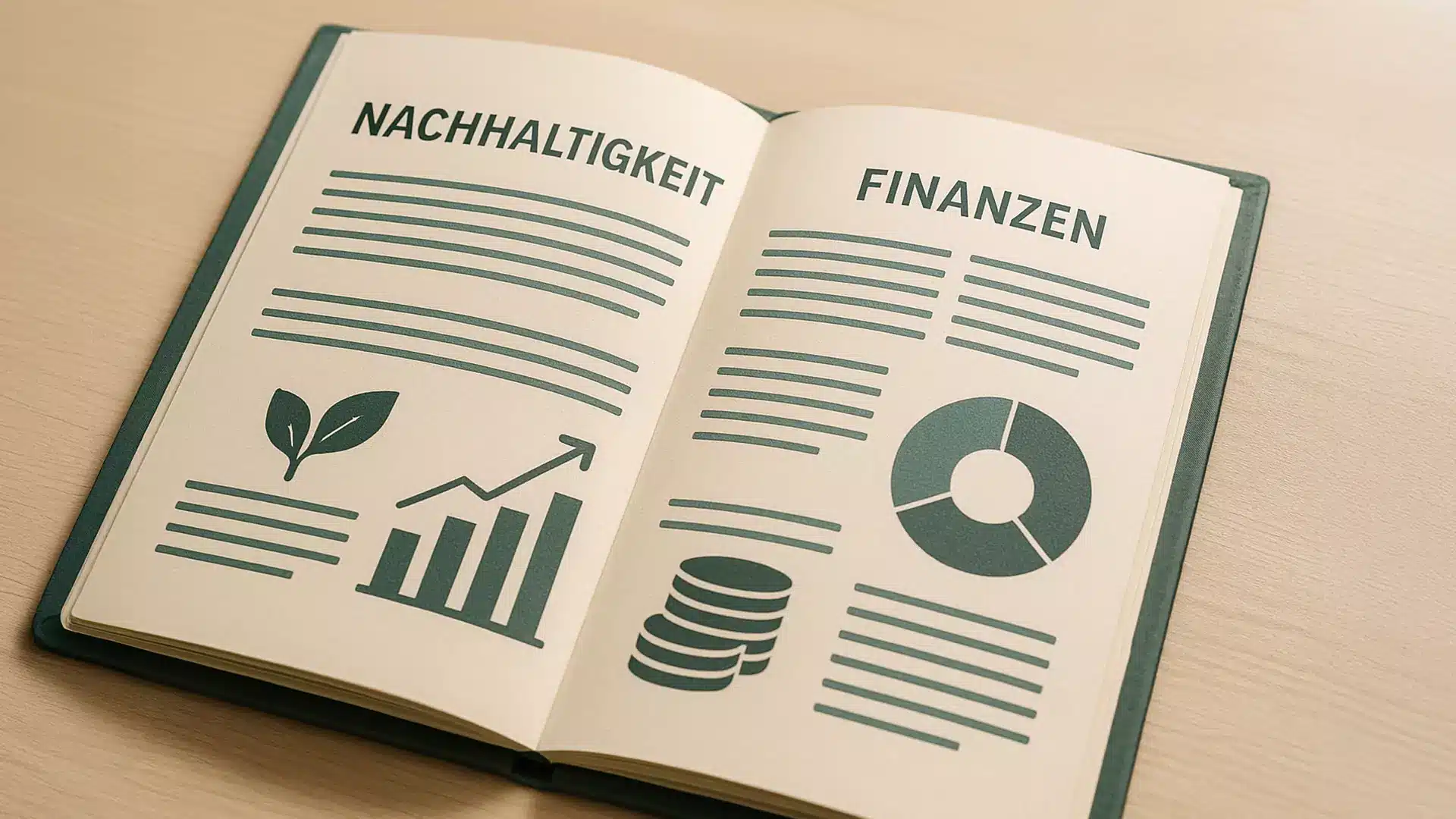 Ein aufgeschlagenes Buch zeigt Seiten mit den deutschen Wörtern Nachhaltigkeit und Finanzen sowie Symbole von Blättern, einem aufsteigenden Graphen, Münzen und einem Tortendiagramm, die Nachhaltigkeit, Finanzen und die Übereinstimmung mit den ISSB-Standards darstellen.