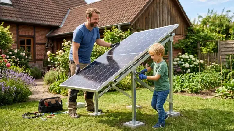 Ein Erwachsener und ein Kind, beide lächelnd, installieren ein Balkonkraftwerk für den Garten in einem sonnigen Garten vor einem Backsteinhaus. Werkzeuge und eine Werkzeugtasche liegen auf dem Rasen, um sie herum sind Blumen und Grünpflanzen.