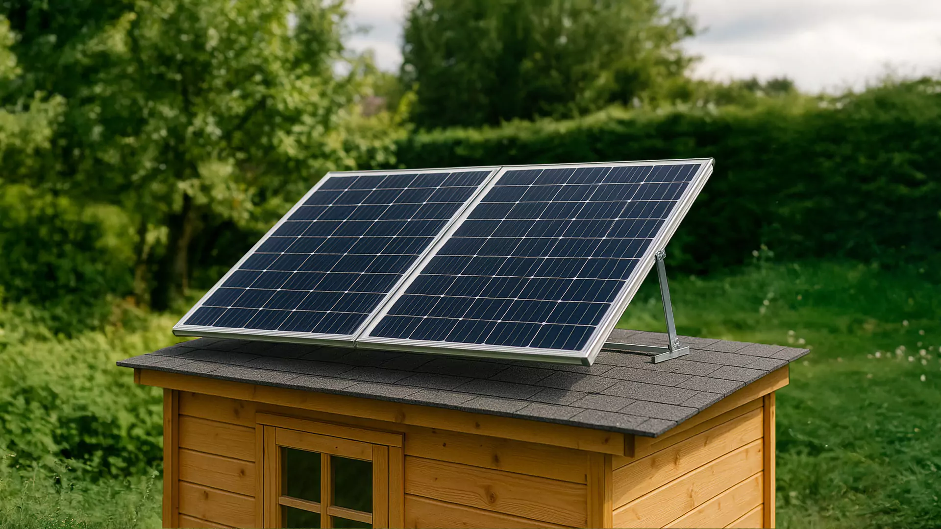Zwei Solarmodule sind auf dem Dach eines kleinen Holzschuppens montiert und zeigen, wie einfach es ist, ein Balkonkraftwerk auf einem Gartenhaus zu befestigen - umgeben von grünen Bäumen und Gras an einem sonnigen Tag.