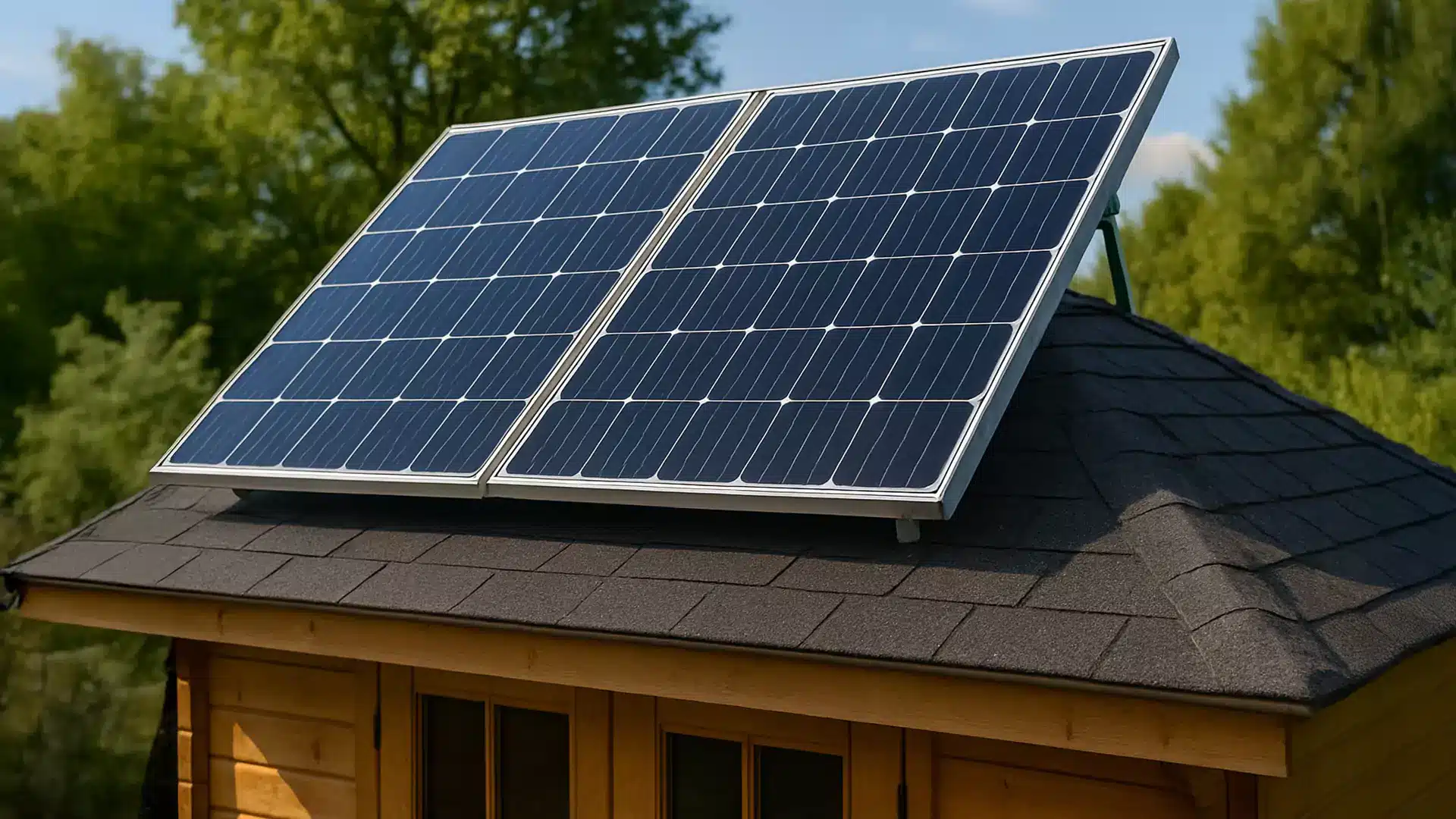 Zwei Sonnenkollektoren sind auf dem Dach eines kleinen hölzernen Gartenhauses angebracht und bilden ein effizientes Balkonkraftwerk, umgeben von grünen Bäumen unter einem klaren blauen Himmel.