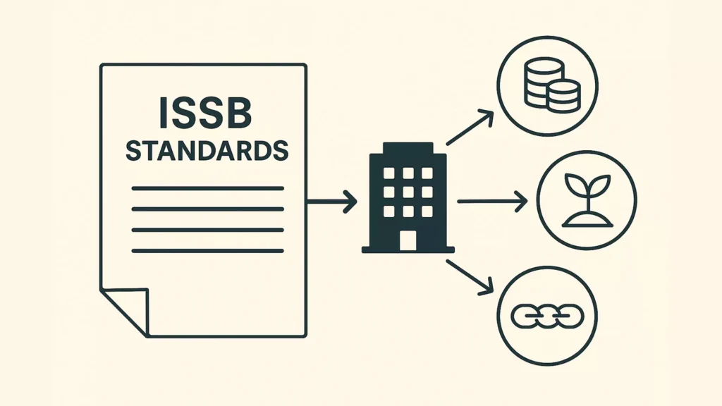 Abbildung eines Dokuments mit der Aufschrift ISSB-Standards und NFRD mit Pfeilen, die auf ein Gebäude und dann auf Symbole für Münzen, eine Anlage und eine Kette zeigen, die finanzielle, ökologische und soziale Faktoren symbolisieren.