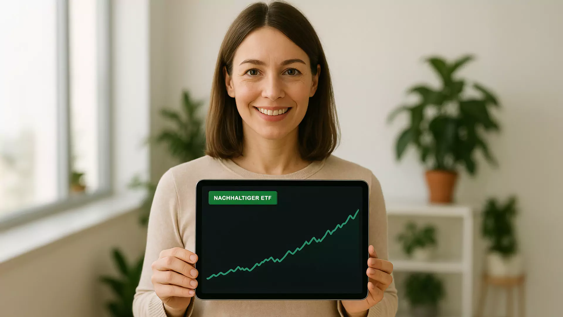 Eine Frau lächelt und hält ein Tablet in der Hand, auf dem ein ansteigendes Liniendiagramm mit der Aufschrift NACHHALTIGER ETF zu sehen ist. Sie steht in einem hellen Raum mit Grünpflanzen im Hintergrund.