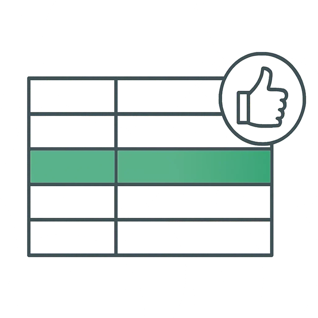 Eine Tabelle oder ein Arbeitsblatt mit grün hervorgehobenen Zeilen und einem großen "Daumen hoch"-Symbol in einem Kreis oben rechts, umgeben von bunten horizontalen Streifen - perfekt für die Präsentation Ihrer Balkonkraftwerk Rechner-Ergebnisse.
