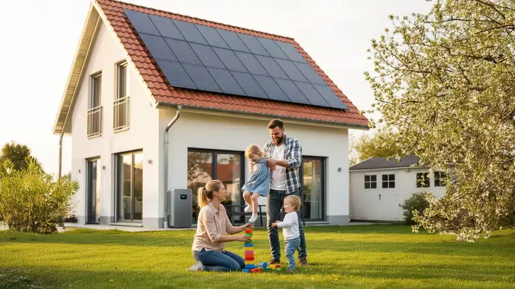 Eine vierköpfige Familie spielt im Hof eines modernen Hauses mit Solarzellen auf dem Dach. Die Eltern helfen ihren beiden kleinen Kindern, bunte Bauklötze auf dem Rasen zu stapeln, der an einem sonnigen Tag von Grünflächen umgeben ist.
