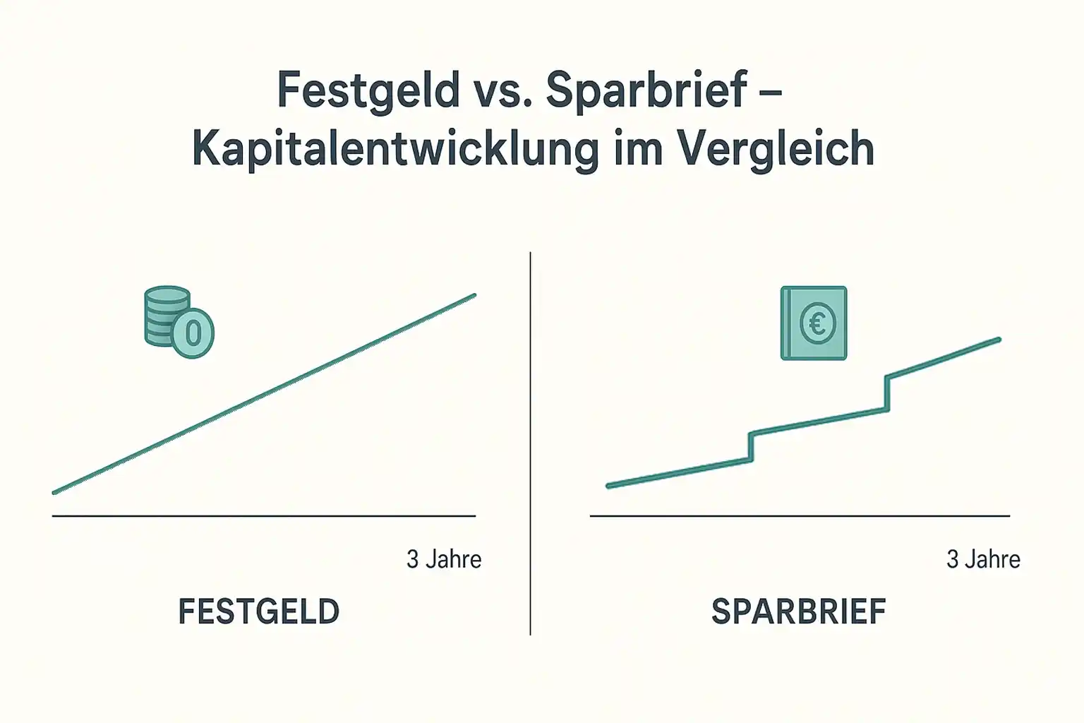 Das Vergleichsdiagramm zeigt den Unterschied Festgeld Sparbrief im Kapitalwachstum über 3 Jahre: Das Festgeld weist eine stetige Aufwärtslinie auf, während der Sparbrief in bestimmten Abständen stufenweise ansteigt.