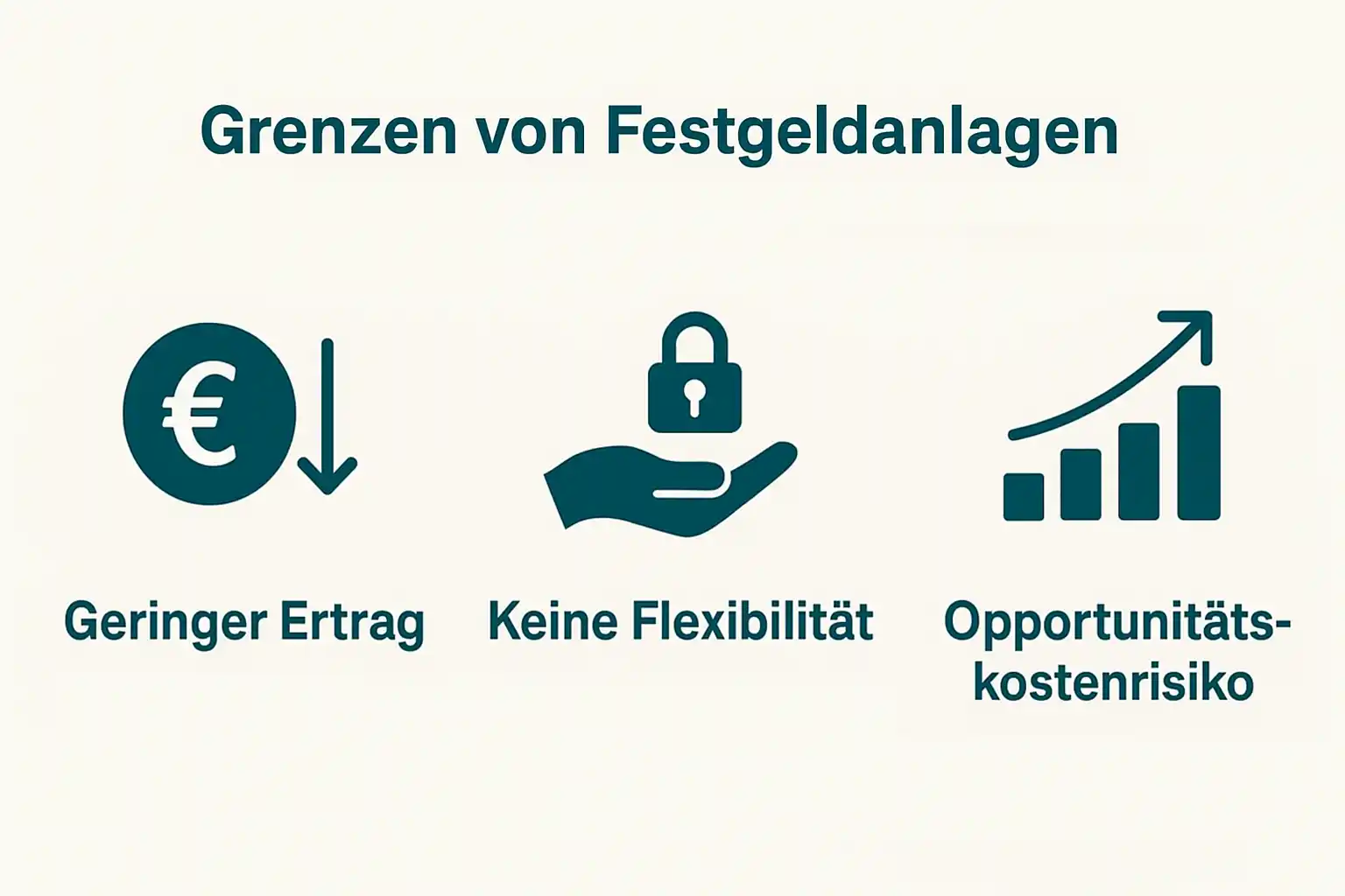 Infografik zu Grenzen von Festgeldanlagen und der Alternative Festgeld: Symbol für niedrigen Ertrag, Hand mit Schloss für fehlende Flexibilität, Balkendiagramm mit Pfeil für Opportunitätskostenrisiko.
