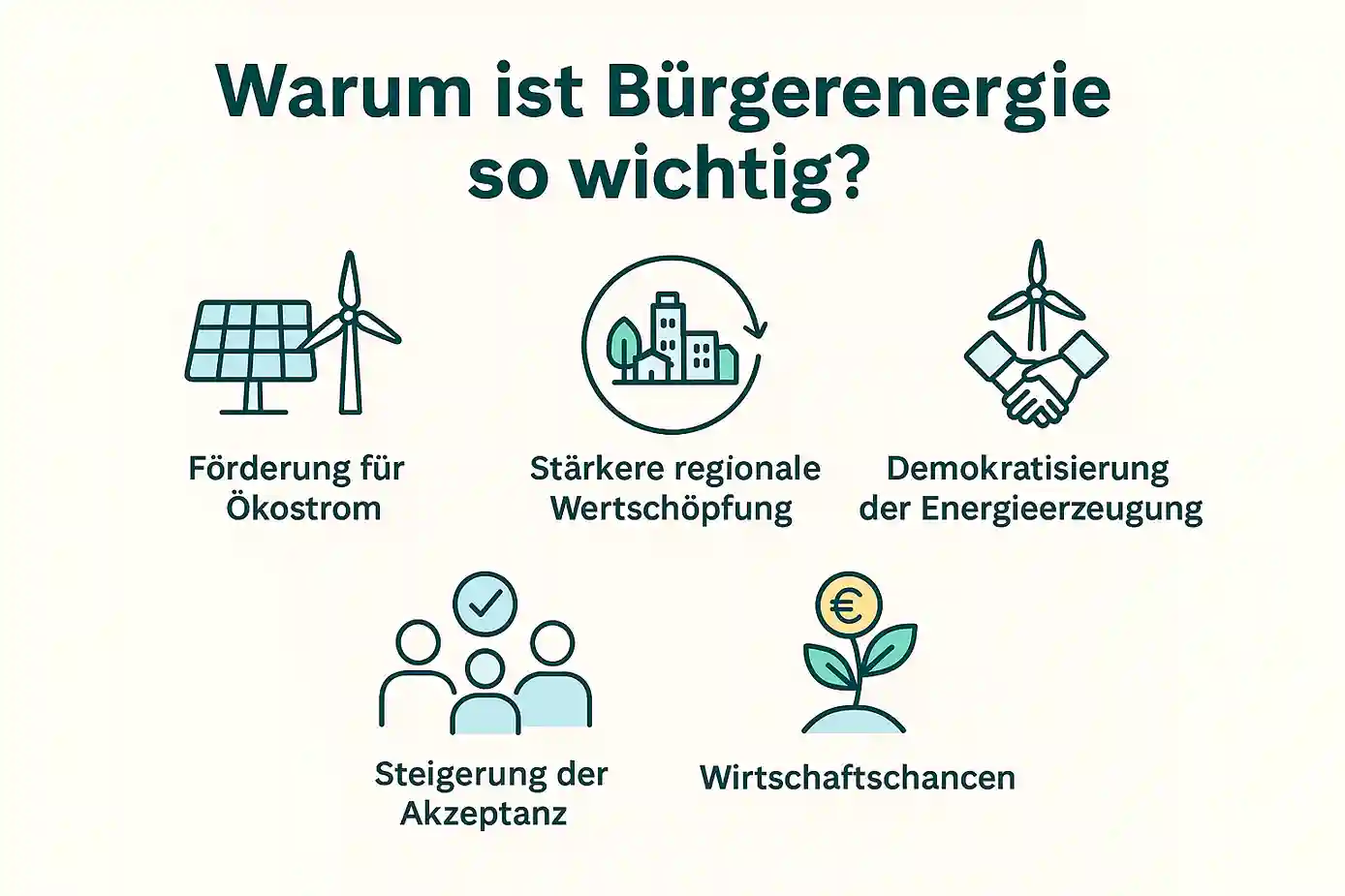 Infografik mit dem Titel "Warum ist Bürgerenergie so wichtig?" und fünf Symbolen zu den Themen Förderung für Ökostrom, regionale Wertschöpfung, Demokratisierung der Energieerzeugung, Akzeptanz sowie Wirtschaftschancen - ähnlich wie beim Vergleich Tagesgeld vs Festgeld.