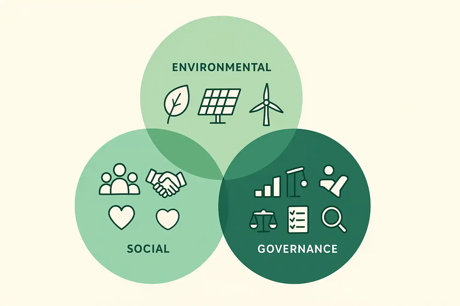 Ein Venn-Diagramm mit drei sich überschneidenden Kreisen - Umwelt, Soziales und Governance - zeigt Symbole wie ein Blatt und eine Windturbine und eignet sich perfekt zur Veranschaulichung von Energiegenossenschaften vs. nachhaltigen Geldanlagen bei nachhaltigen Investitionen.