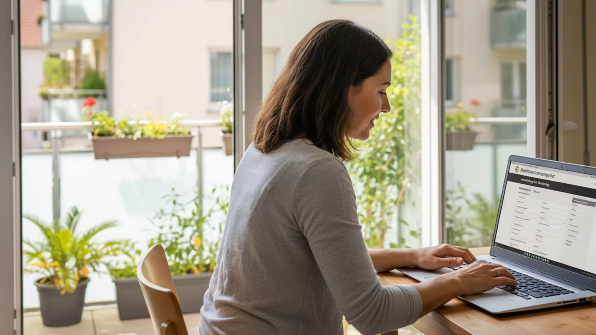 Eine Frau sitzt an einem Holztisch und arbeitet an einem Laptop in einem hellen Raum mit großen Fenstern und Grünpflanzen, die draußen auf ihrem Balkon zu sehen sind, wo ein Balkonkraftwerk ihre Mietwohnung nachhaltig versorgt.