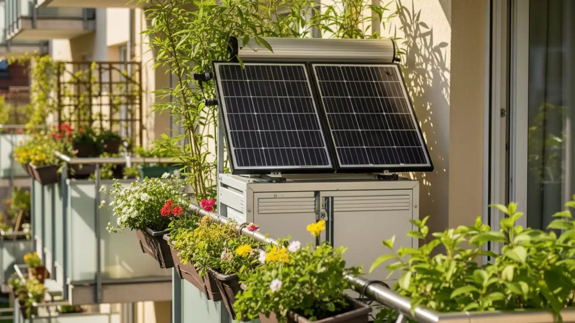 Zwei Solarmodule eines Balkonkraftwerks sind auf einem Balkon in einer Mietwohnung montiert, umgeben von Grünpflanzen und bunten Blumen in rechteckigen Kästen, die an einem sonnigen Tag das Sonnenlicht aufsaugen.