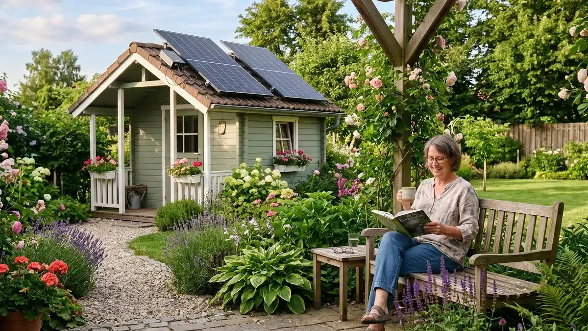 Eine Frau sitzt auf einer Holzbank in einem blühenden Garten, liest ein Buch und hält einen Becher in der Hand. Hinter ihr steht ein kleines grünes Gartenhaus mit Sonnenkollektoren von einem Balkonkraftwerk auf dem Dach, umgeben von üppigen Pflanzen und blühenden Blumen.