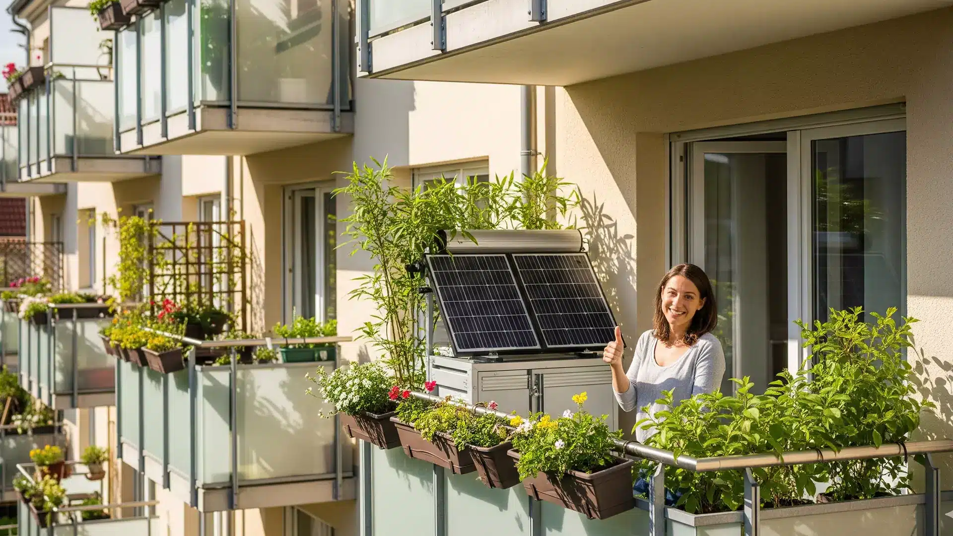 Eine Frau auf einem sonnigen Wohnungsbalkon, umgeben von Topfpflanzen und Blumen, lächelt und zeigt den Daumen nach oben neben kleinen Sonnenkollektoren, die am Geländer befestigt sind. Im Hintergrund sind weitere Balkone mit Pflanzen zu sehen.