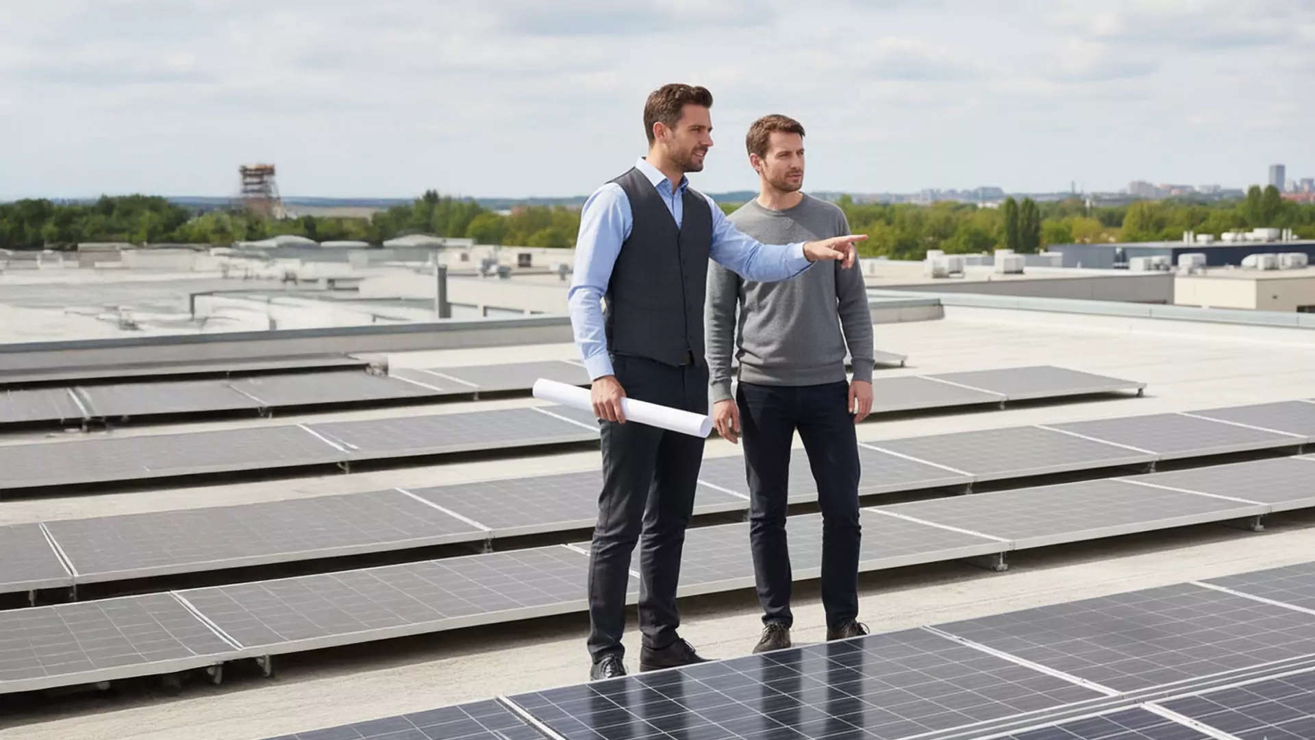 Zwei Männer stehen auf einem mit Solarzellen bedeckten Dach; einer hält Baupläne in der Hand und zeigt in die Ferne, während der andere in die gleiche Richtung blickt. Der Himmel ist teilweise bewölkt und im Hintergrund sind Bäume zu sehen.