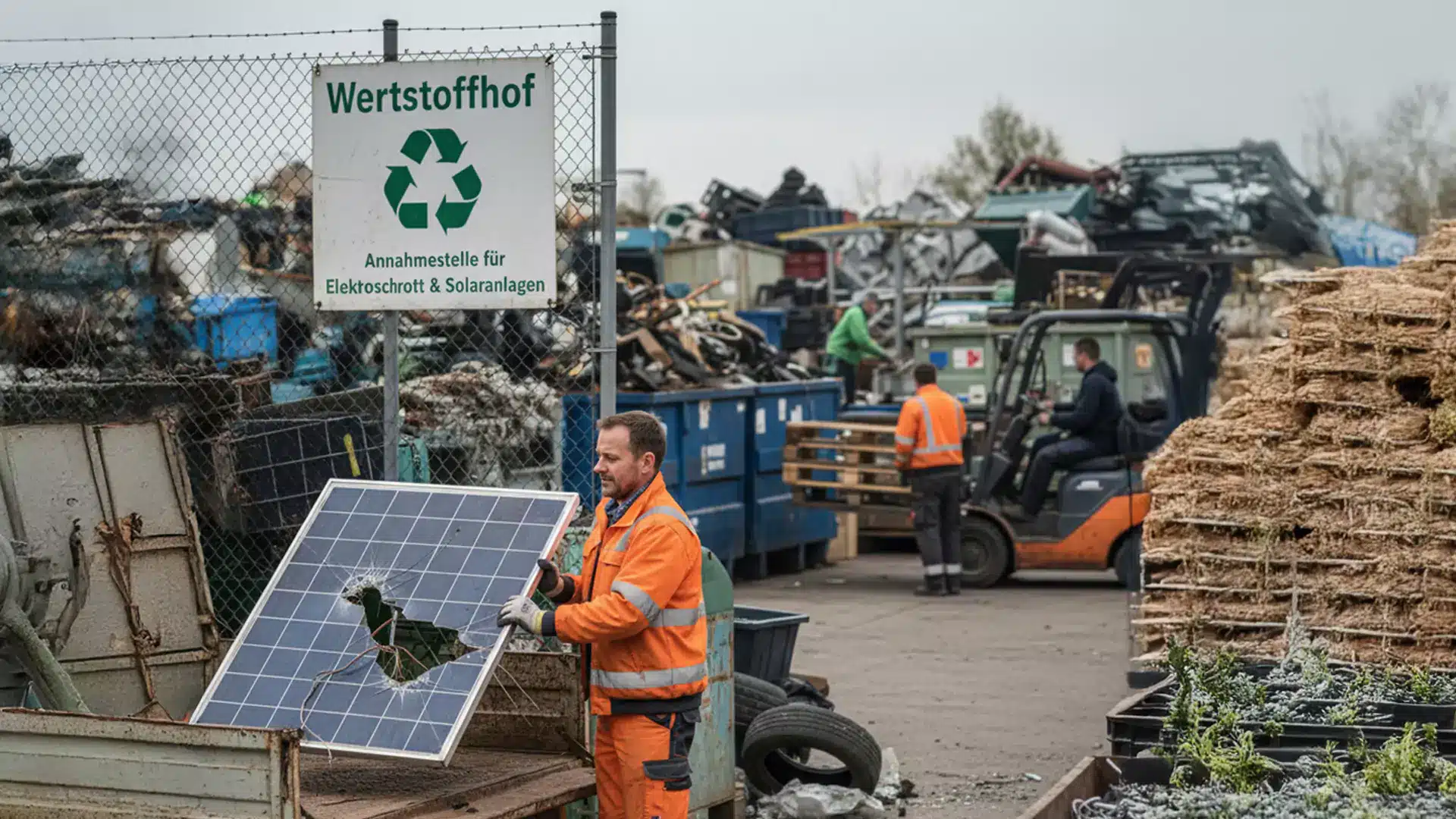 Ein Arbeiter in orangefarbenem Overall hantiert mit einem kaputten Solarpanel in einem Recyclingzentrum. Im Hintergrund bewegen andere Arbeiter und Maschinen Materialien. Ein Schild mit der Aufschrift "Wertstoffhof" weist auf die Sammlung von Elektronikschrott und Solarsystemen hin.